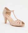 Unique Vintage Beige Patent Peep Toe T-Strap Heels