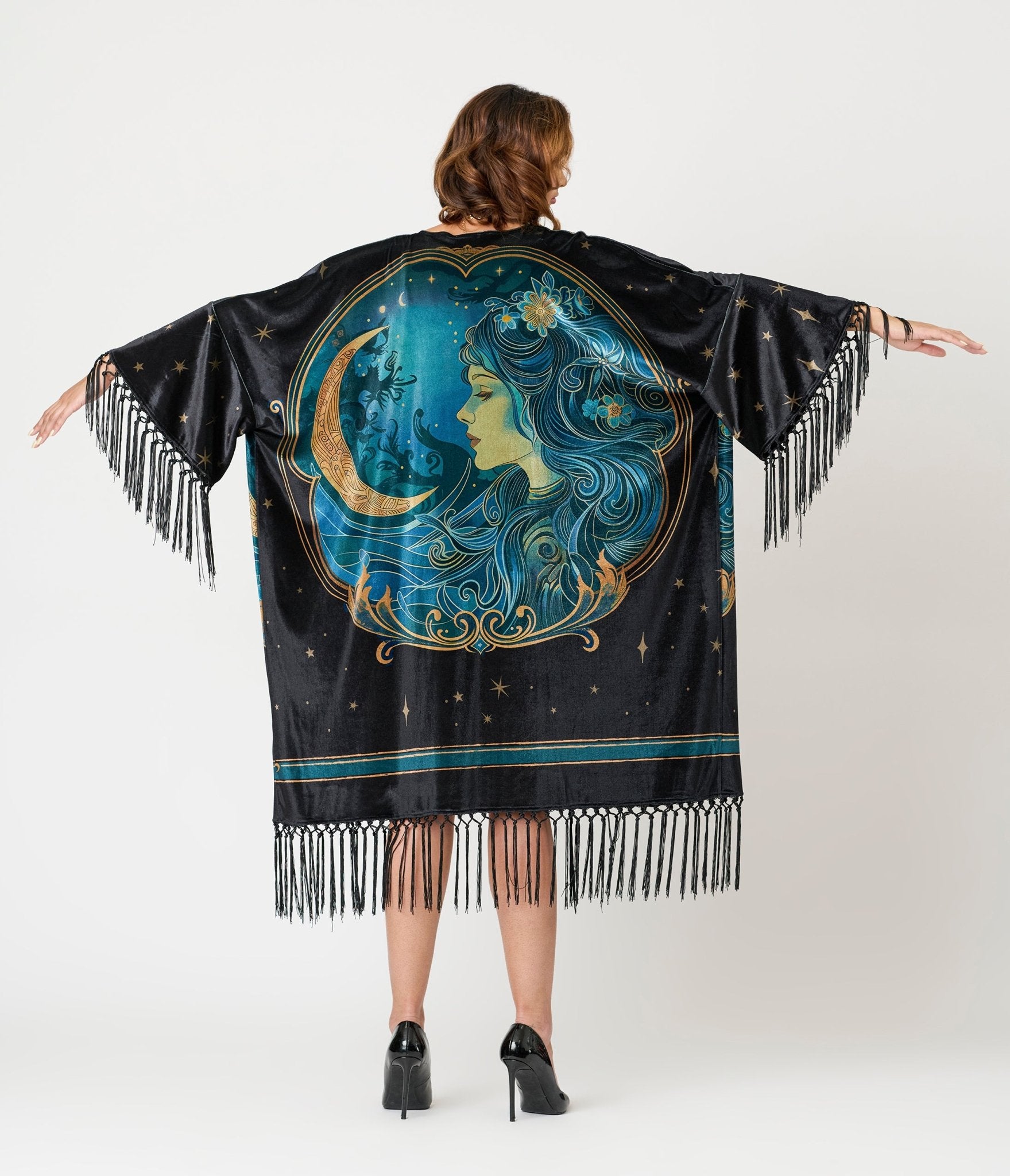 Unique Vintage Black Art Nouveau Fringe Kimono - Unique Vintage - Womens, FLAPPER, COATS