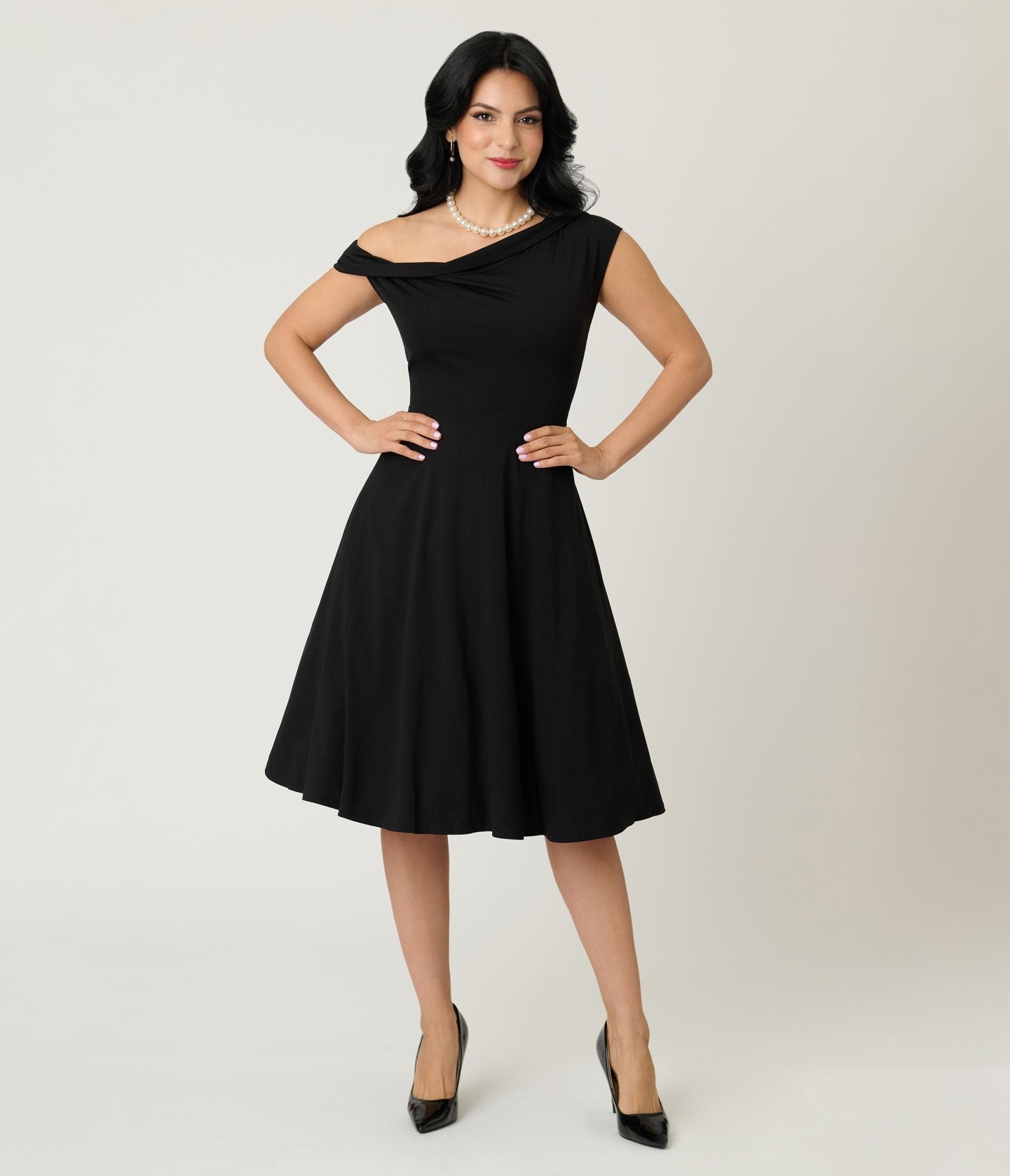 Unique Vintage Black Asymmetrical Neck Swing Dress - Unique Vintage - Womens, DRESSES, SWING