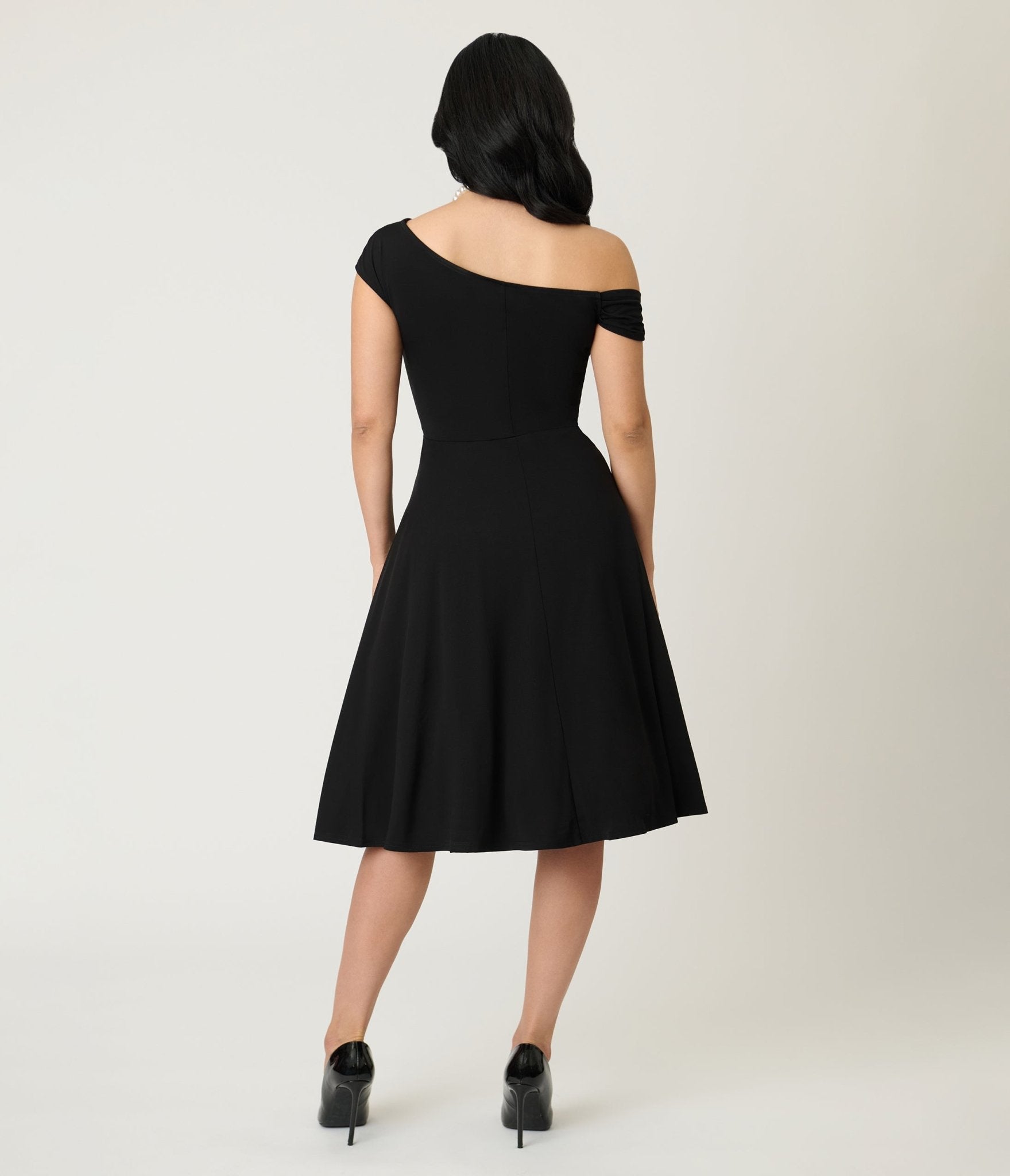 Unique Vintage Black Asymmetrical Neck Swing Dress Unique Vintage Black Asymmetrical Neck Swing Dress