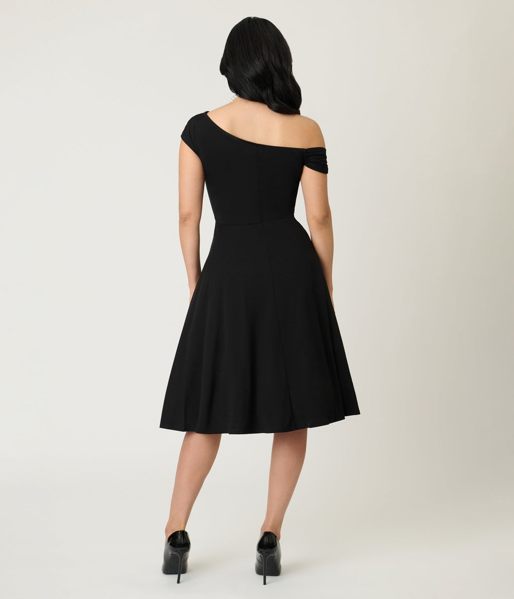 Unique Vintage Black Asymmetrical Neck Swing Dress - Unique Vintage - Womens, DRESSES, SWING