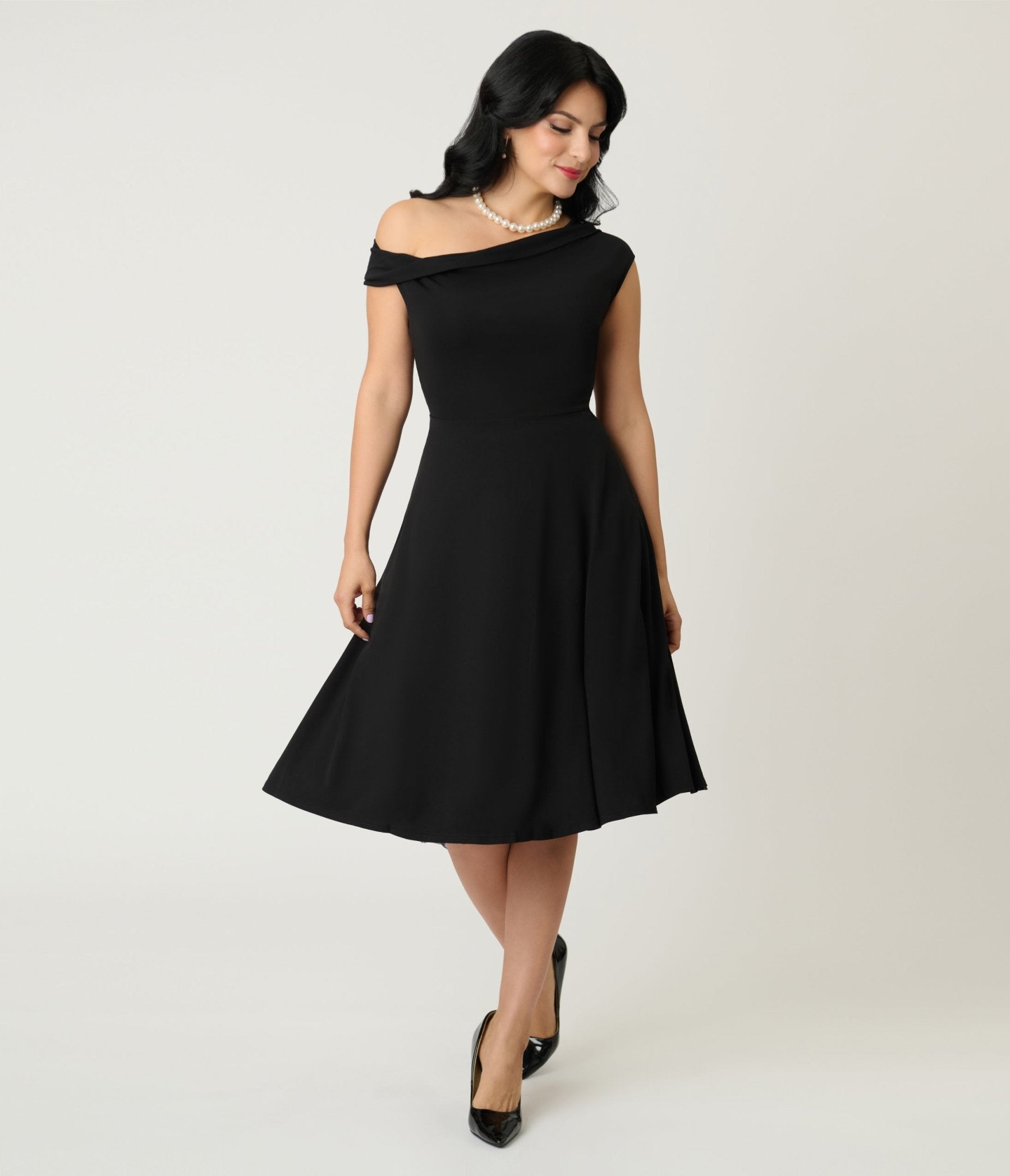 Unique Vintage Black Asymmetrical Neck Swing Dress - Unique Vintage - Womens, DRESSES, SWING