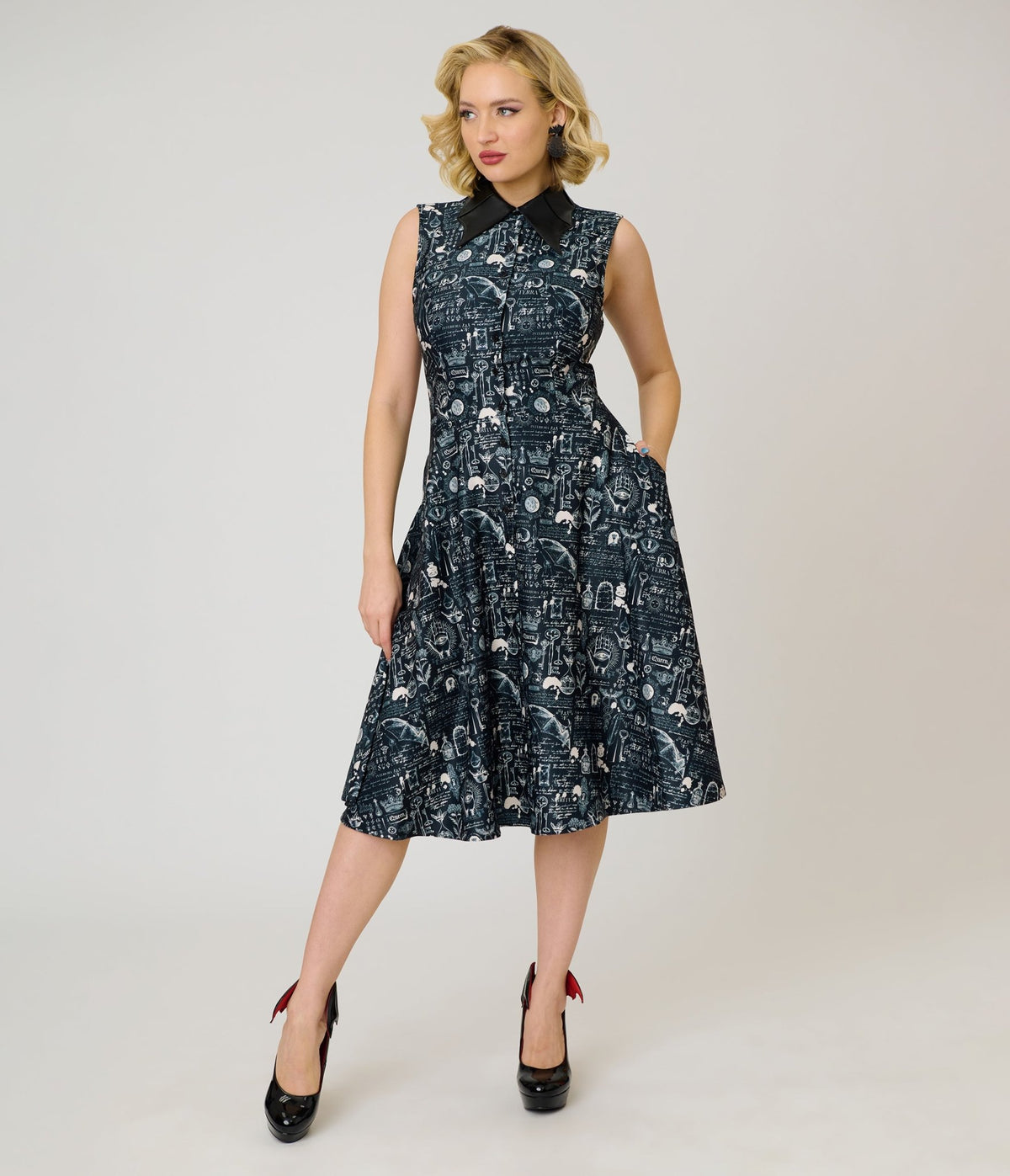 Unique Vintage Black Bat Print & Bat Collar Darlene Swing Dress - Unique Vintage - Womens, DRESSES, SWING