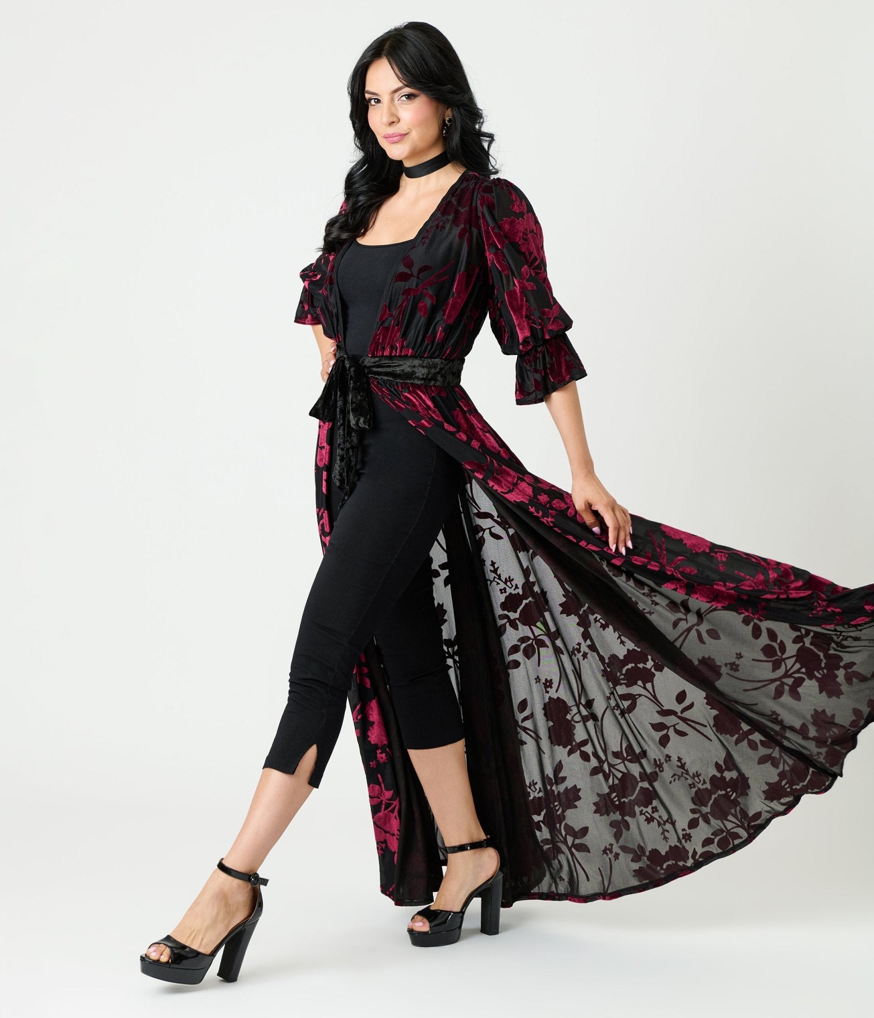 Unique Vintage Black & Berry Floral Velvet Burnout Duster - Unique Vintage - Womens, DRESSES, MAXI