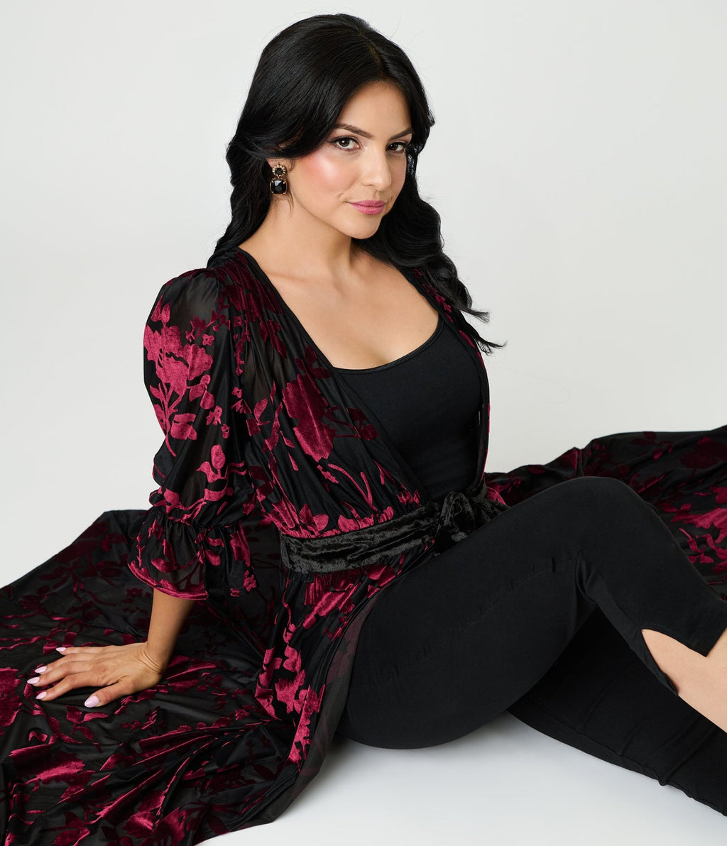 Unique Vintage Black & Berry Floral Velvet Burnout Duster - Unique Vintage - Womens, DRESSES, MAXI