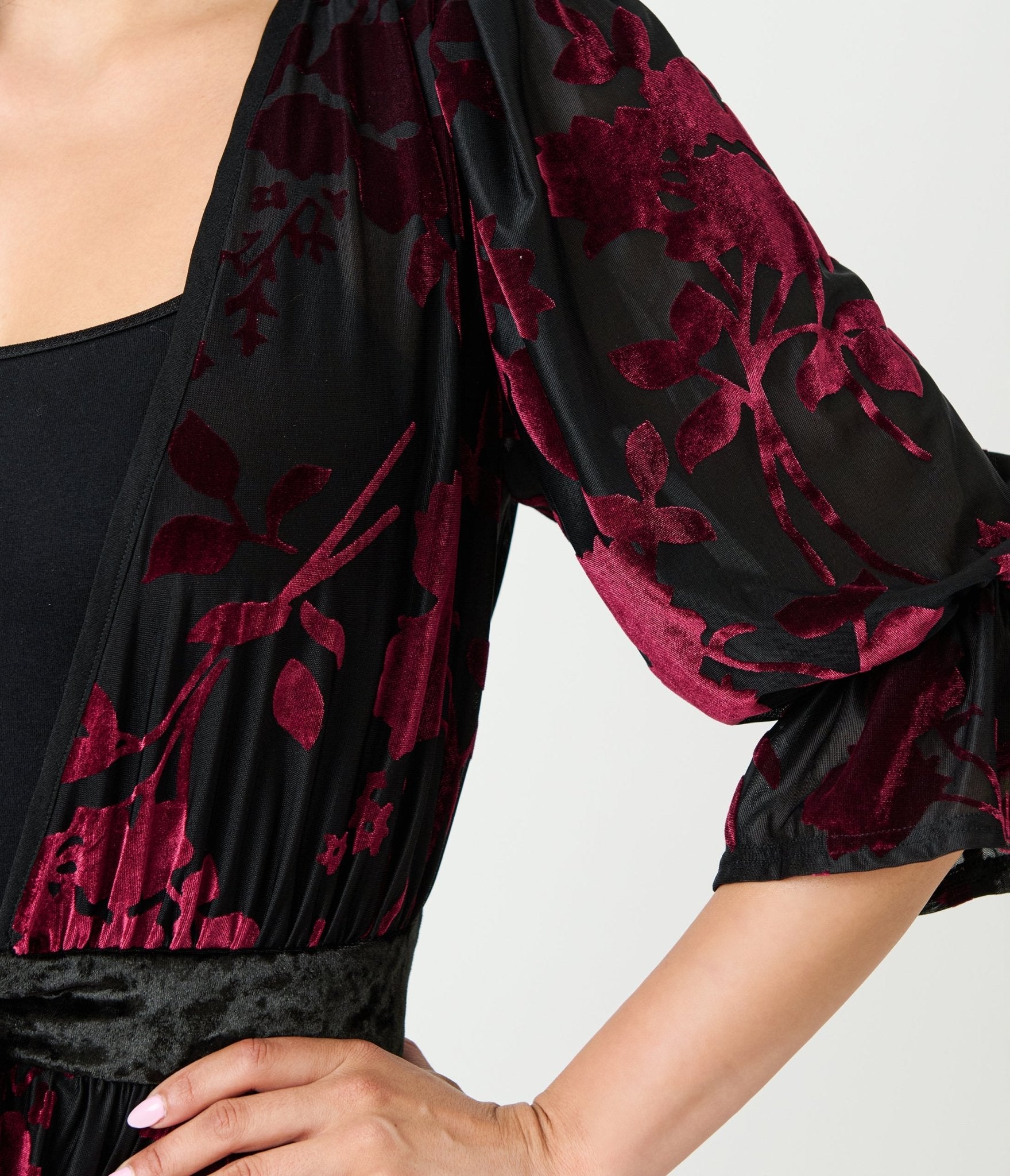 Unique Vintage Black & Berry Floral Velvet Burnout Duster - Unique Vintage - Womens, DRESSES, MAXI