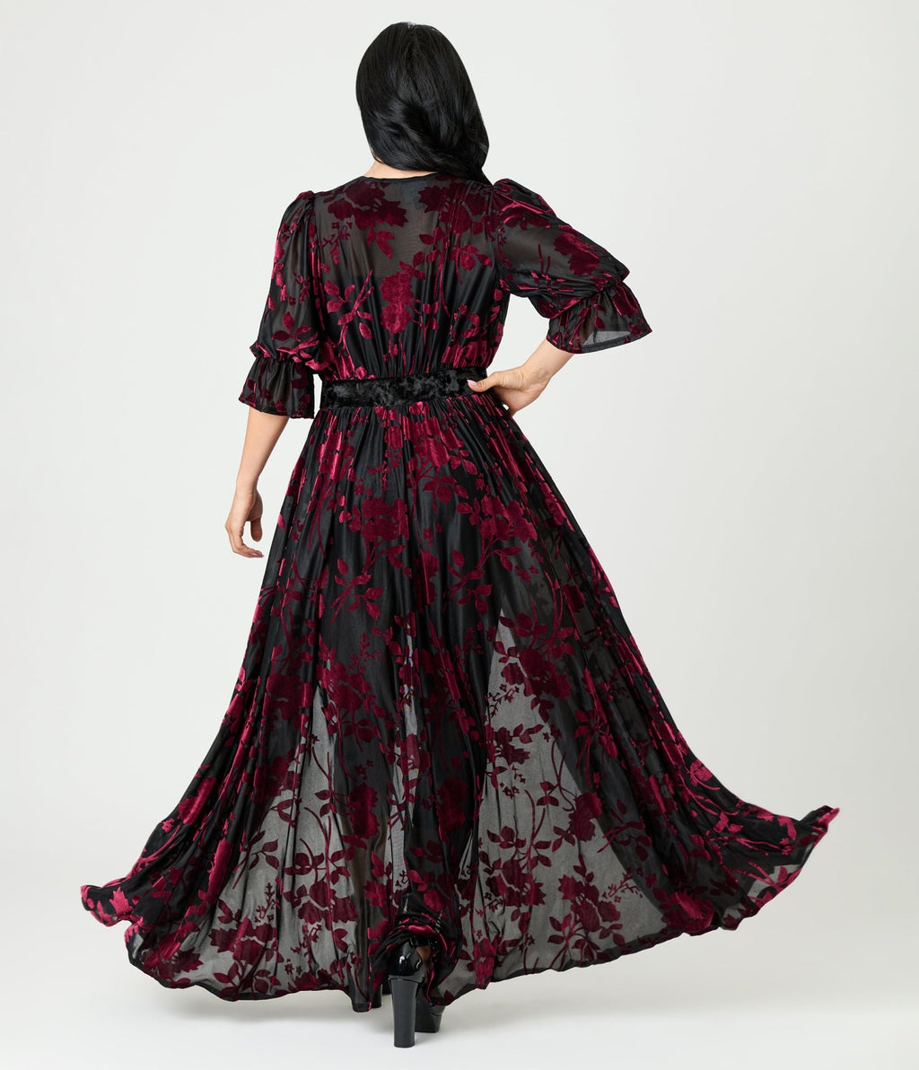 Unique Vintage Black & Berry Floral Velvet Burnout Duster - Unique Vintage - Womens, DRESSES, MAXI