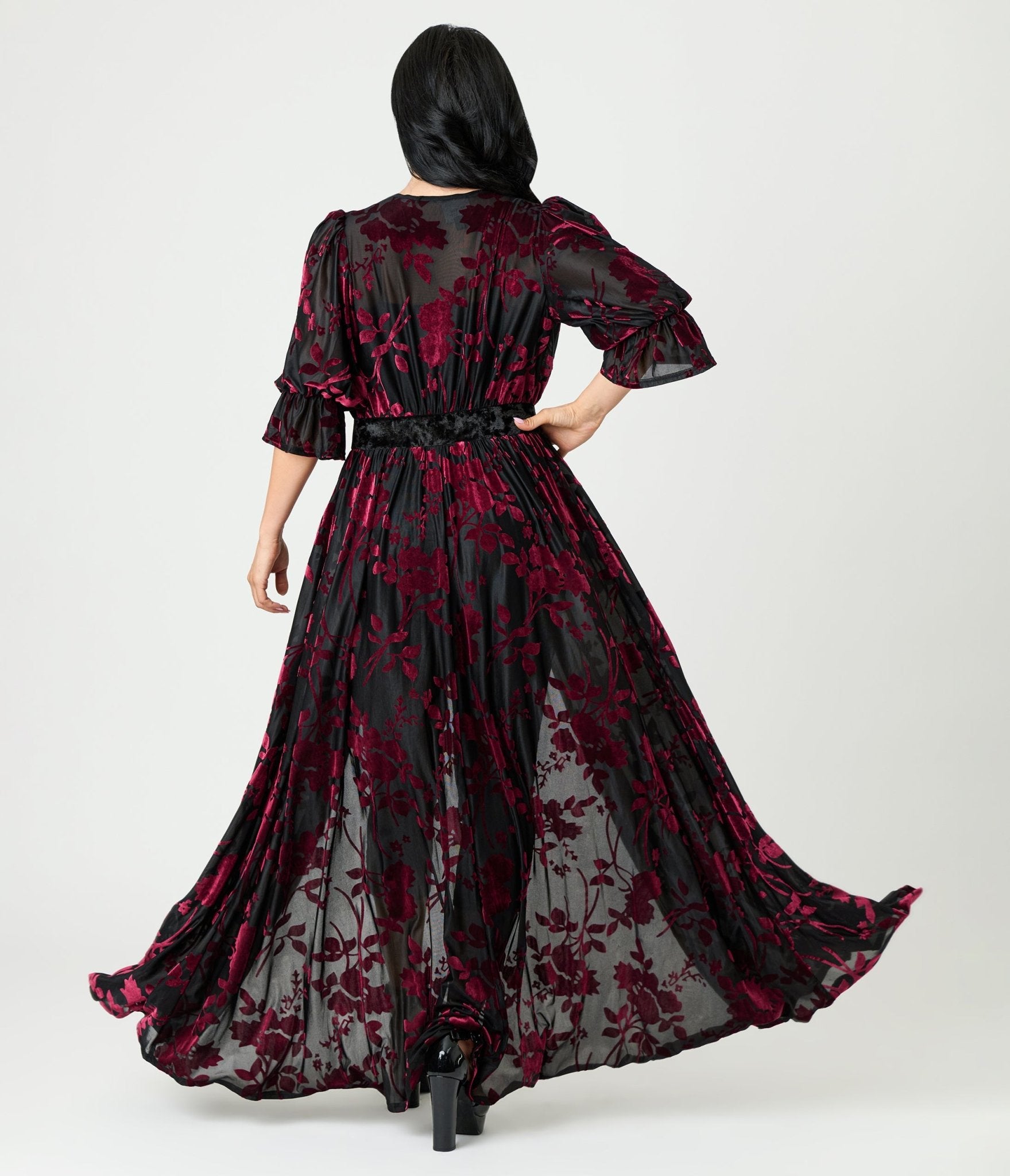 Unique Vintage Black & Berry Floral Velvet Burnout Duster - Unique Vintage - Womens, DRESSES, MAXI