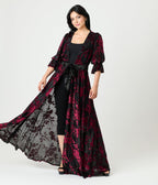Unique Vintage Black & Berry Floral Velvet Burnout Duster - Unique Vintage - Womens, DRESSES, MAXI