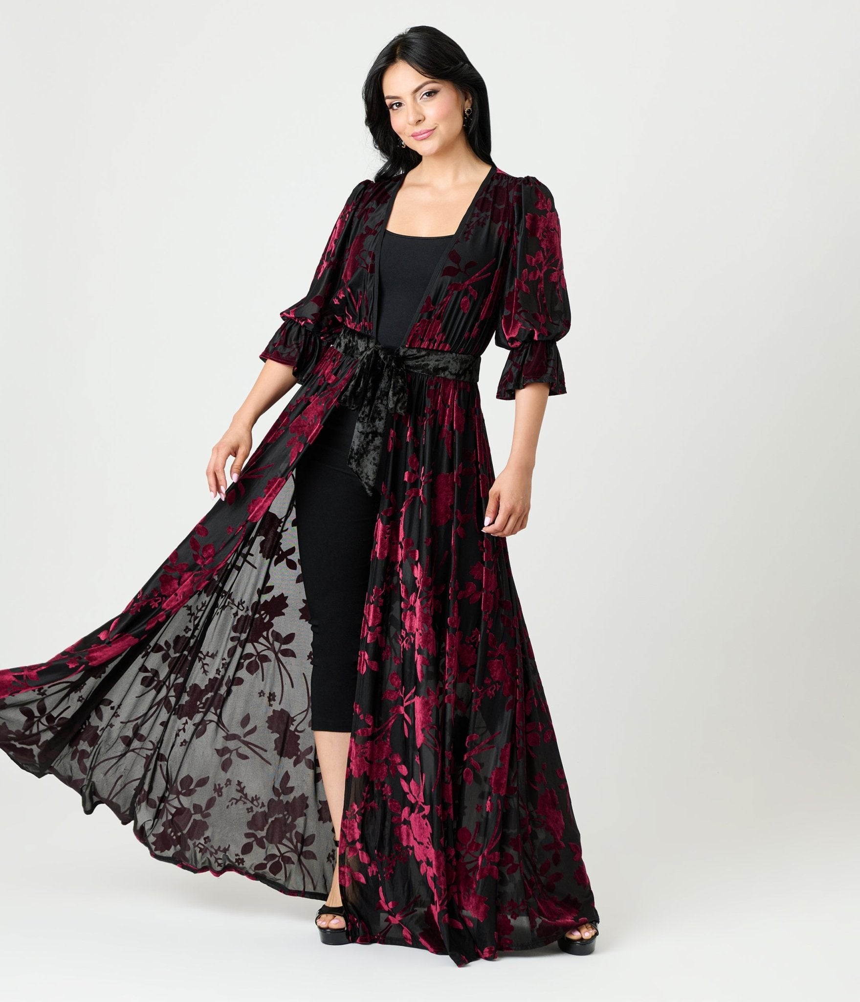 Unique Vintage Black & Berry Floral Velvet Burnout Duster - Unique Vintage - Womens, DRESSES, MAXI