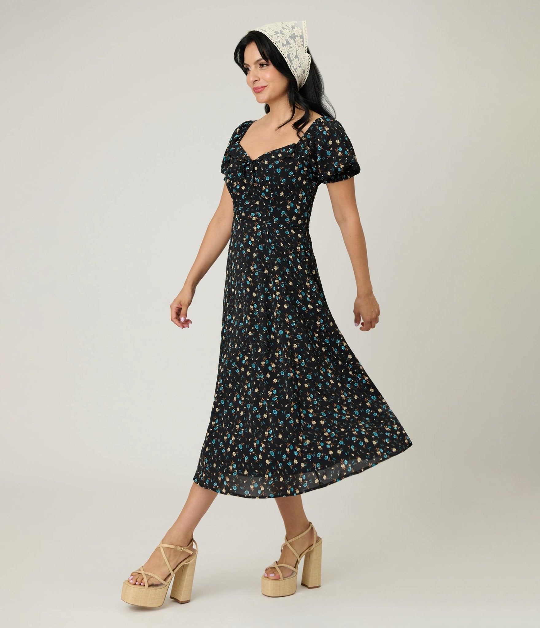 Unique Vintage Black & Blue Floral Puff Sleeve Midi Dress - Unique Vintage - Womens, DRESSES, MAXI