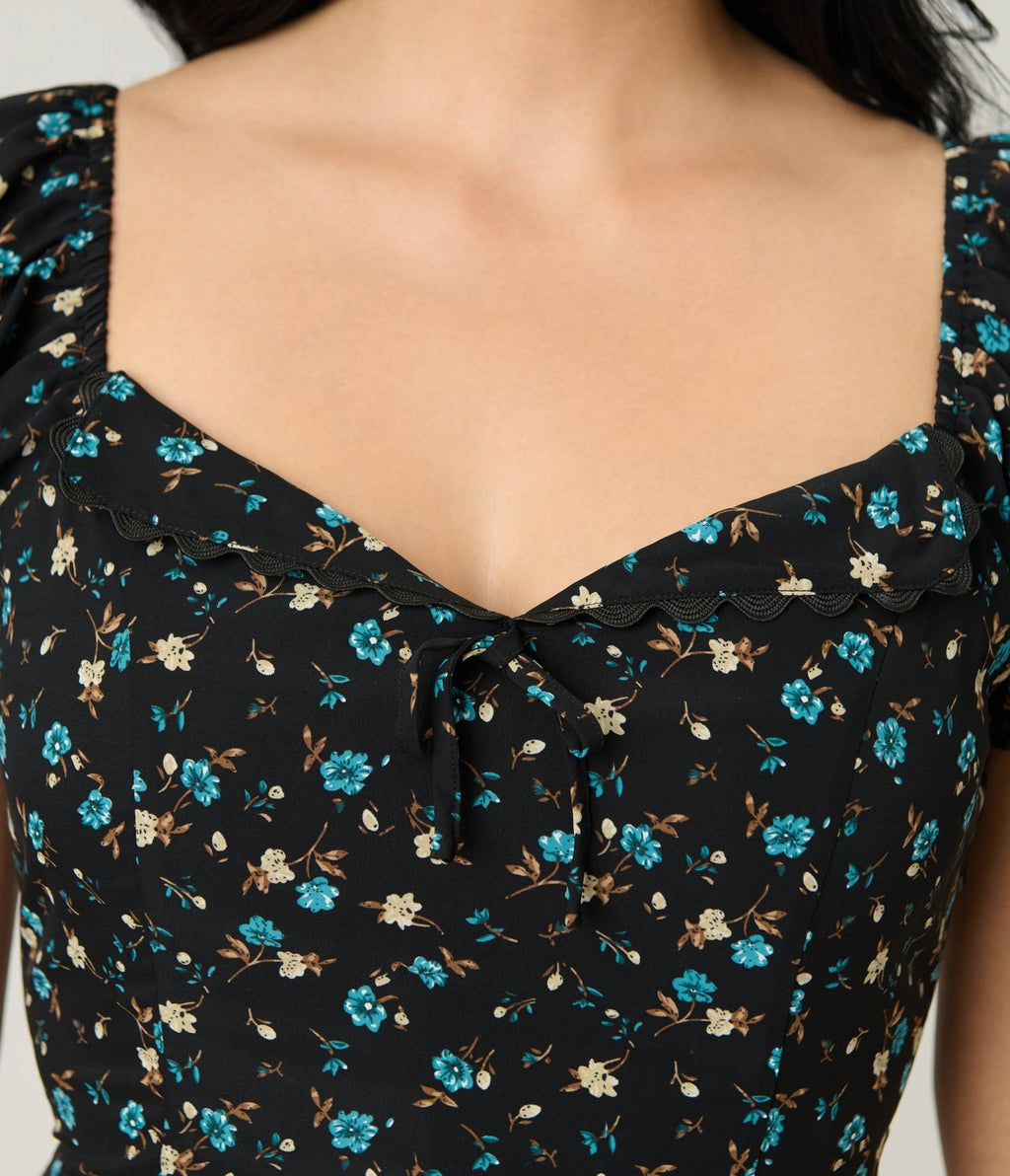 Unique Vintage Black & Blue Floral Puff Sleeve Midi Dress - Unique Vintage - Womens, DRESSES, MAXI