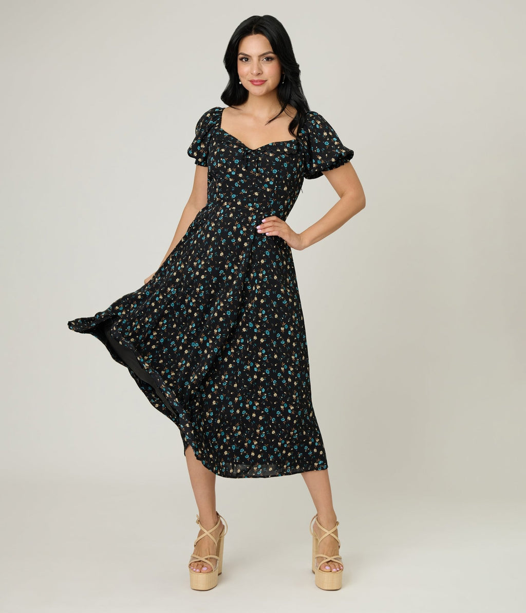 Unique Vintage Black & Blue Floral Puff Sleeve Midi Dress - Unique Vintage - Womens, DRESSES, MAXI