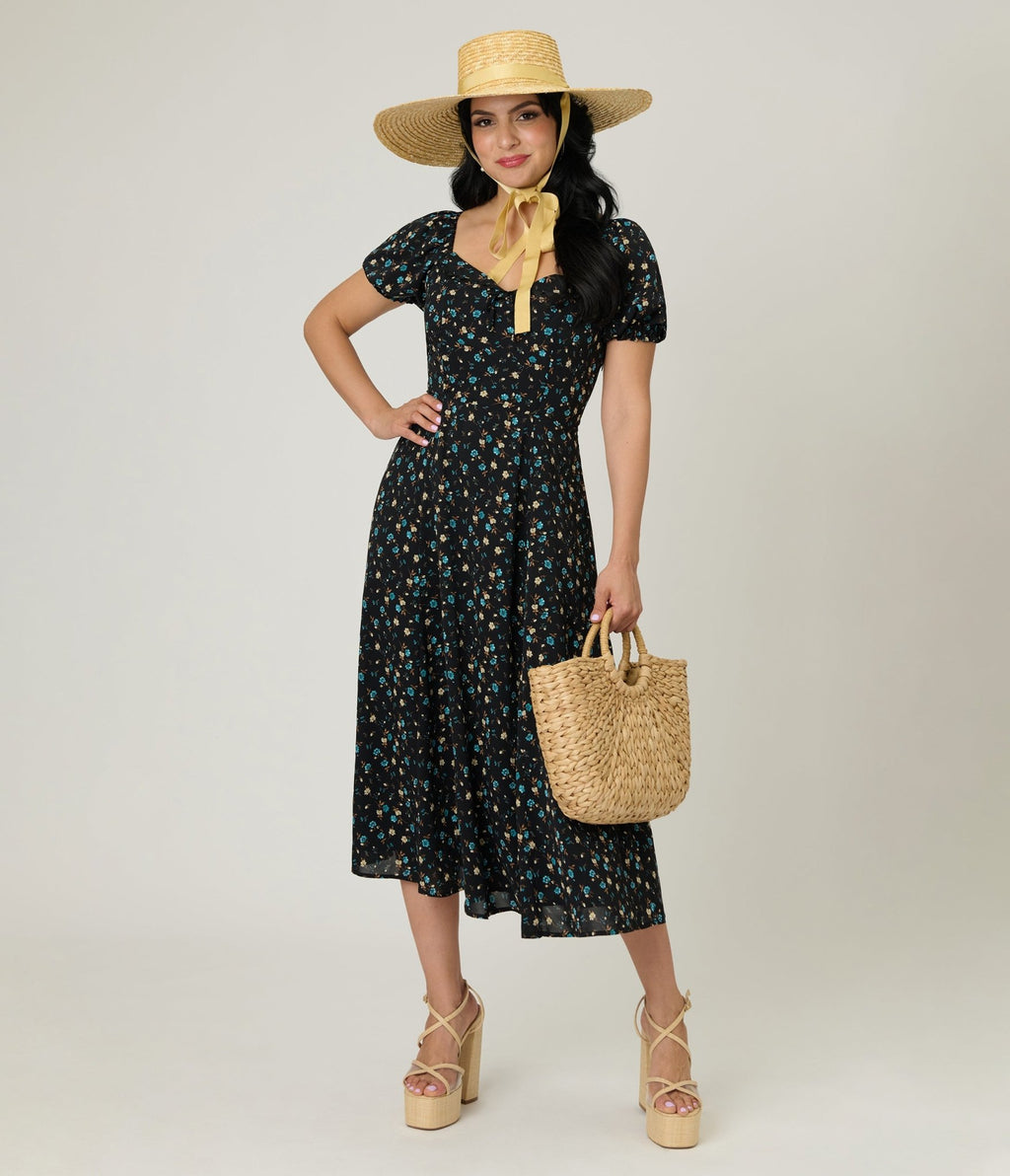 Unique Vintage Black & Blue Floral Puff Sleeve Midi Dress - Unique Vintage - Womens, DRESSES, MAXI