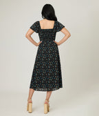 Unique Vintage Black & Blue Floral Puff Sleeve Midi Dress - Unique Vintage - Womens, DRESSES, MAXI