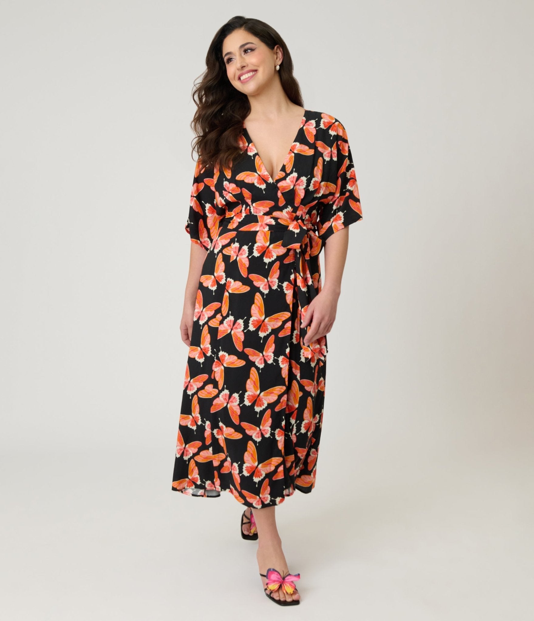 Unique Vintage Black Butterfly Print Wrap Midi Dress Unique Vintage Black Butterfly Print Wrap Midi Dress