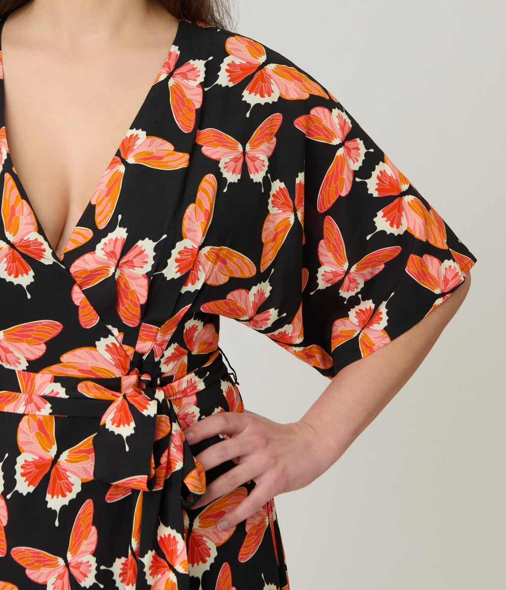 Unique Vintage Black Butterfly Print Wrap Midi Dress - Unique Vintage - Womens, DRESSES, MIDI