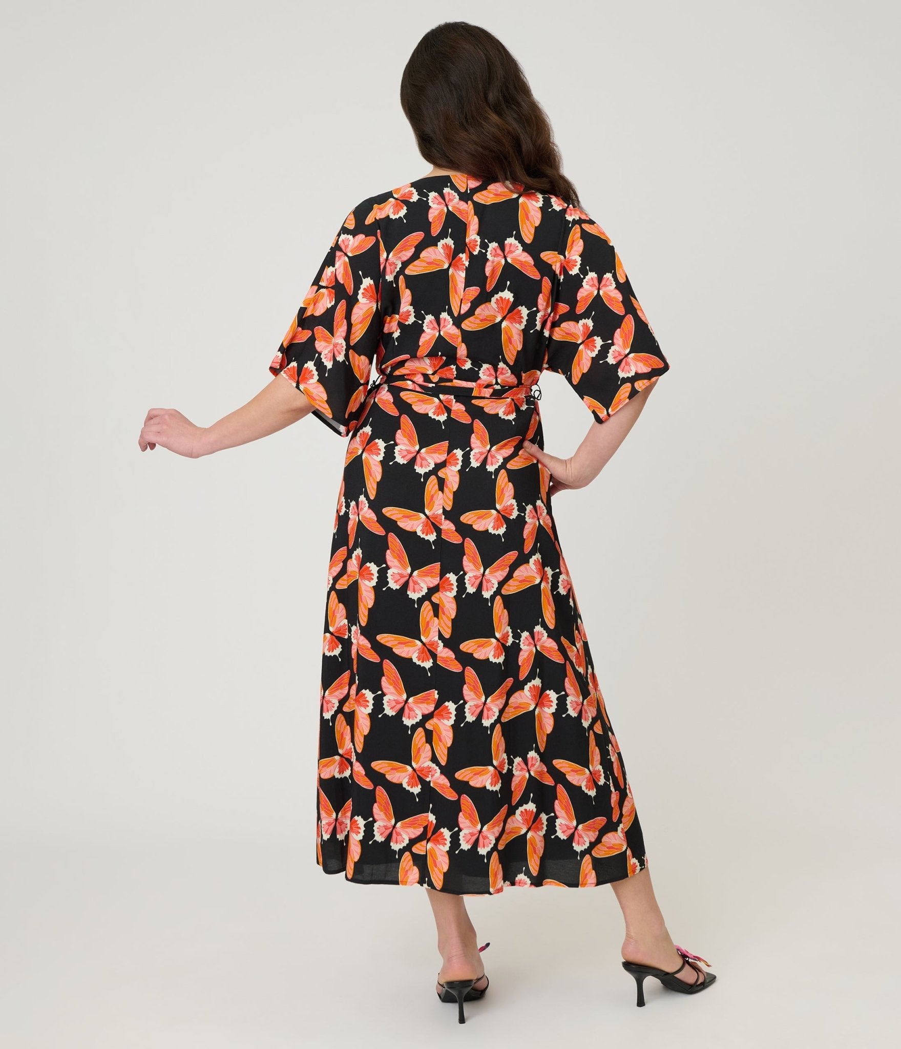 Unique Vintage Black Butterfly Print Wrap Midi Dress Unique Vintage Black Butterfly Print Wrap Midi Dress