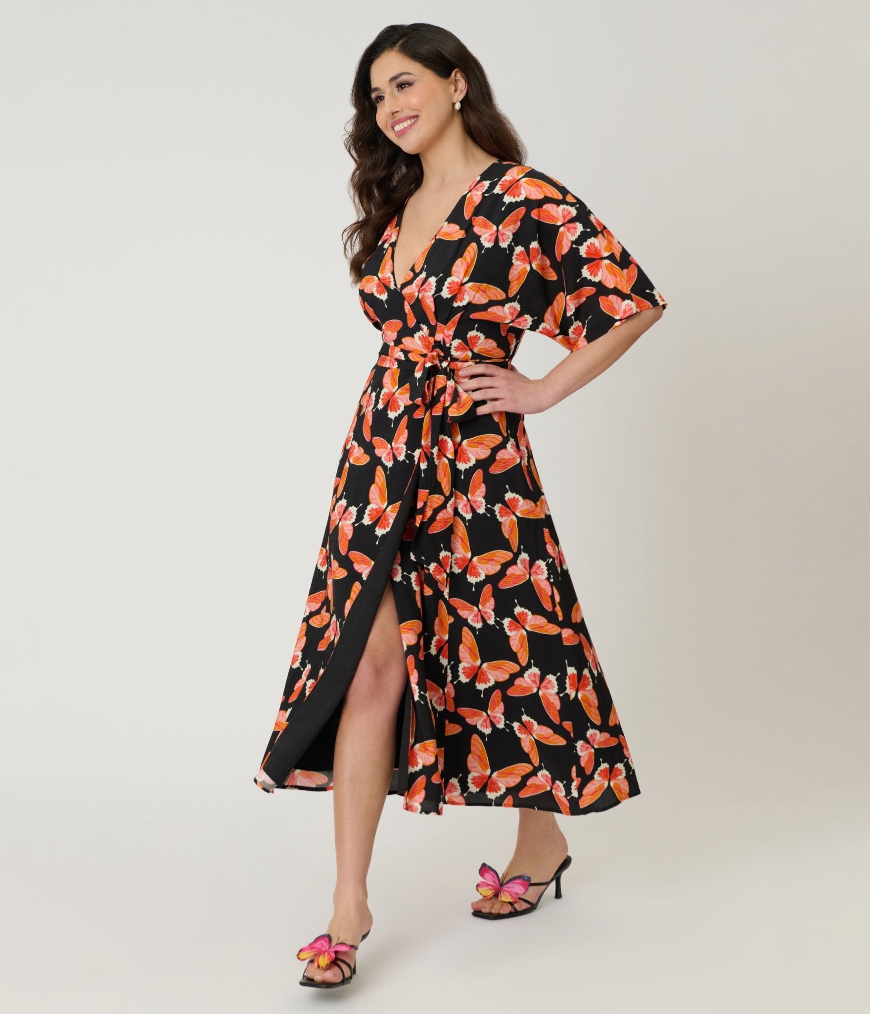 Unique Vintage Black Butterfly Print Wrap Midi Dress - Unique Vintage - Womens, DRESSES, MIDI
