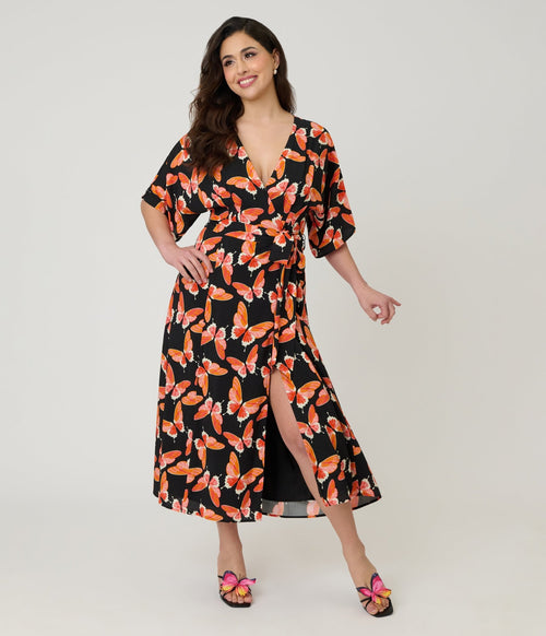 floral print wrap midi dress Unique Vintage Black Butterfly Print Wrap Midi Dress