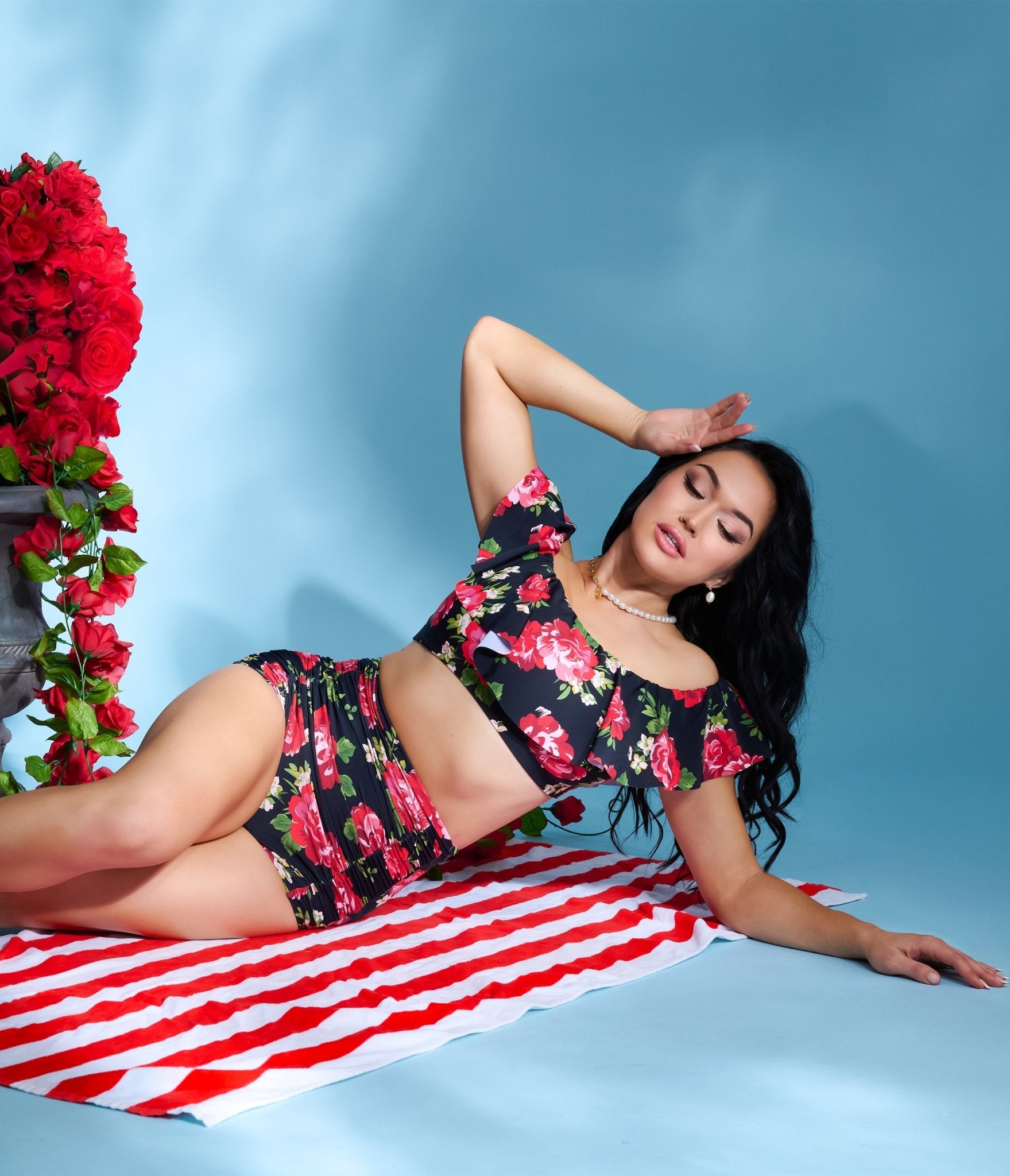 Unique Vintage Black & Cabbage Roses Monroe High Waist Swim Bottom - Unique Vintage - Womens, SWIM, BOTTOM