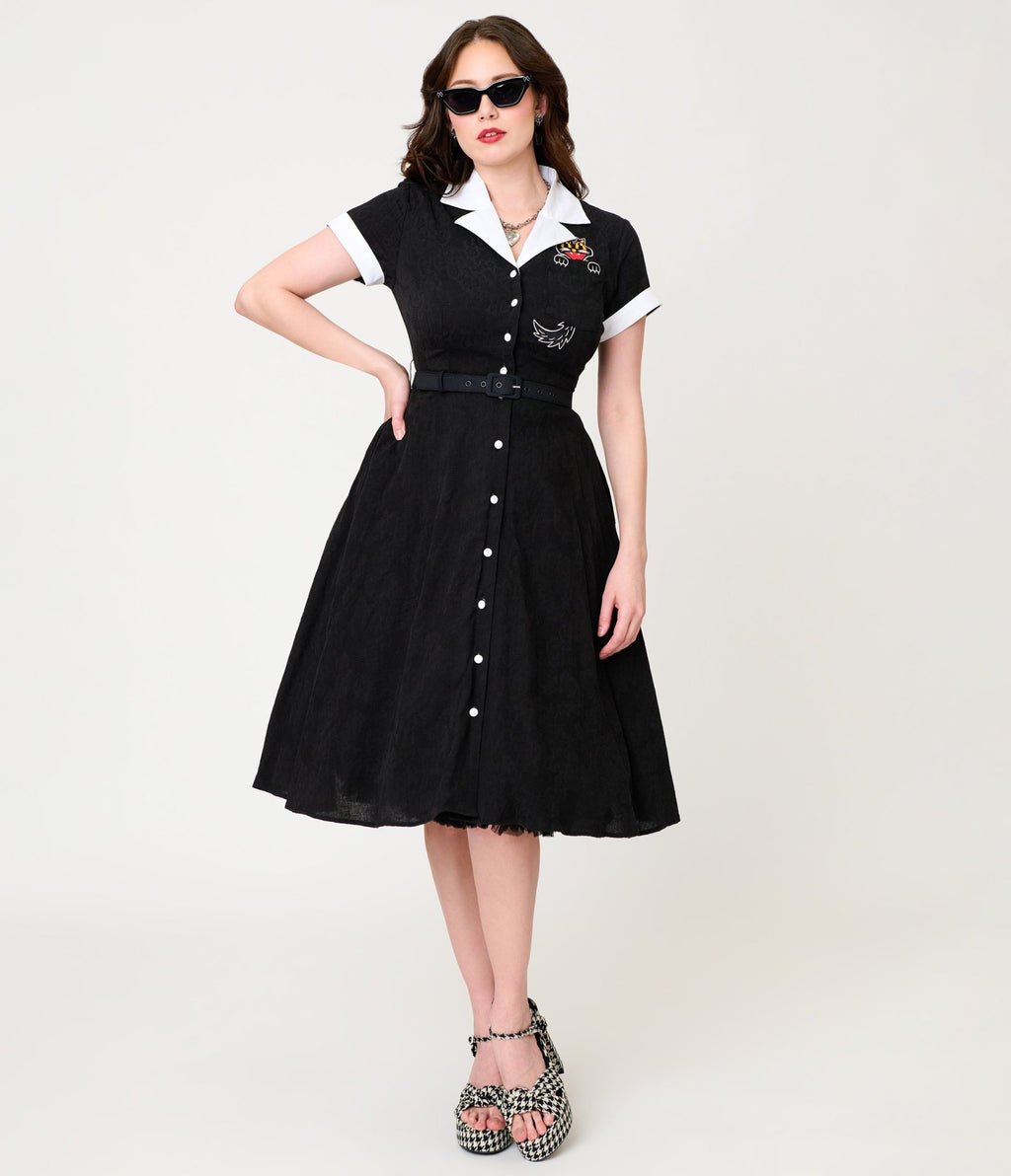 Unique Vintage Black Cat Embroidered Alexis Swing Dress - Unique Vintage - Womens, DRESSES, SWING