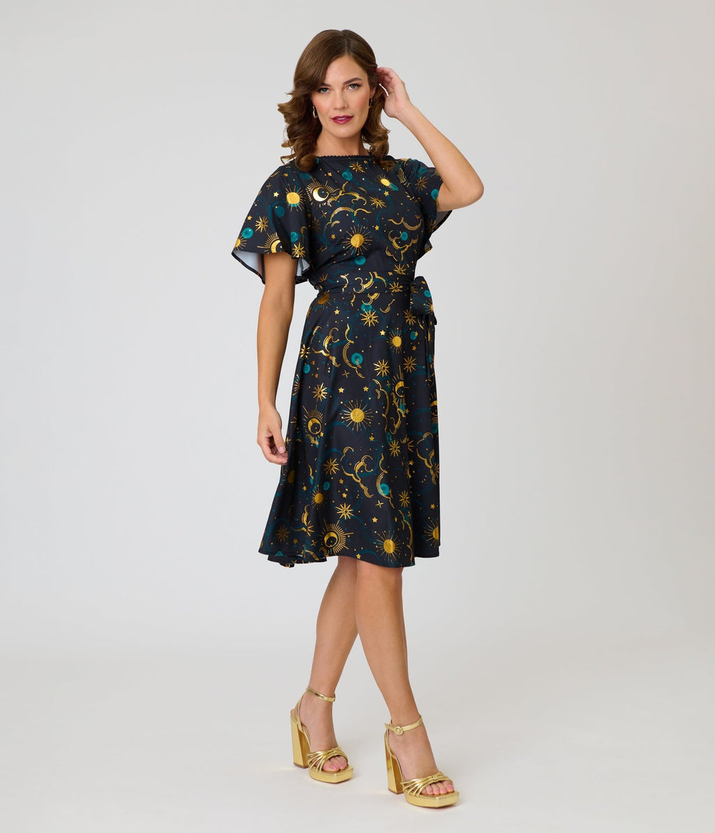 Unique Vintage Black Celestial Print Swing Dress - Unique Vintage - Womens, DRESSES, SWING