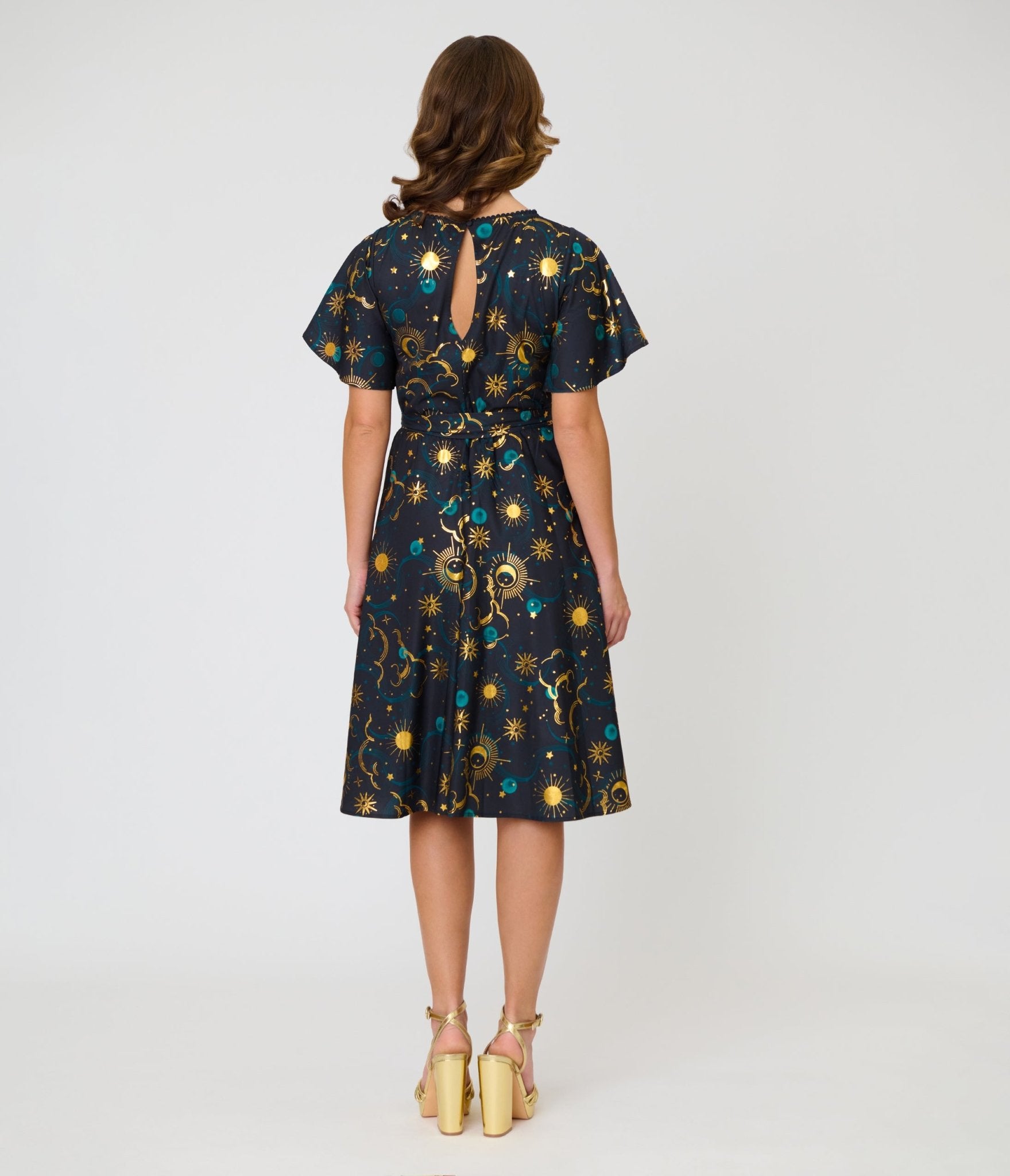 Unique Vintage Black Celestial Print Swing Dress
