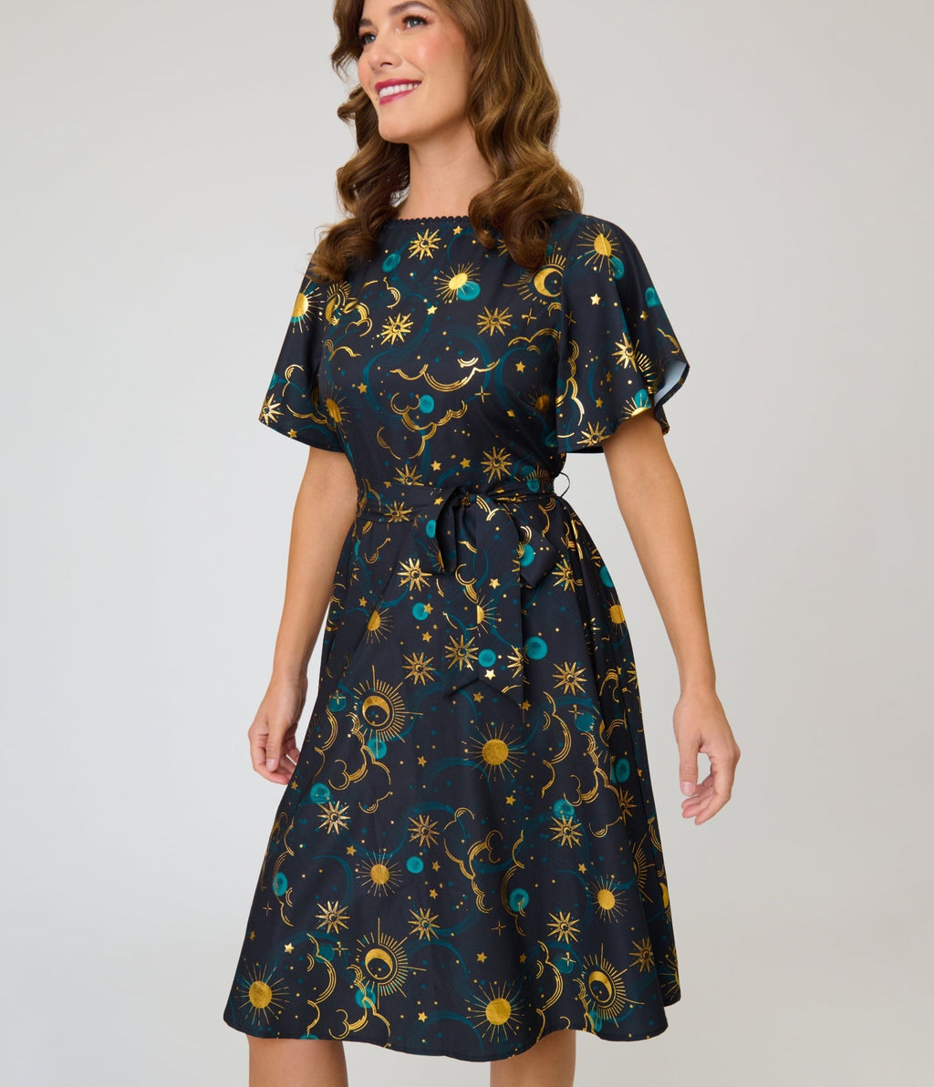 Unique Vintage Black Celestial Print Swing Dress - Unique Vintage - Womens, DRESSES, SWING