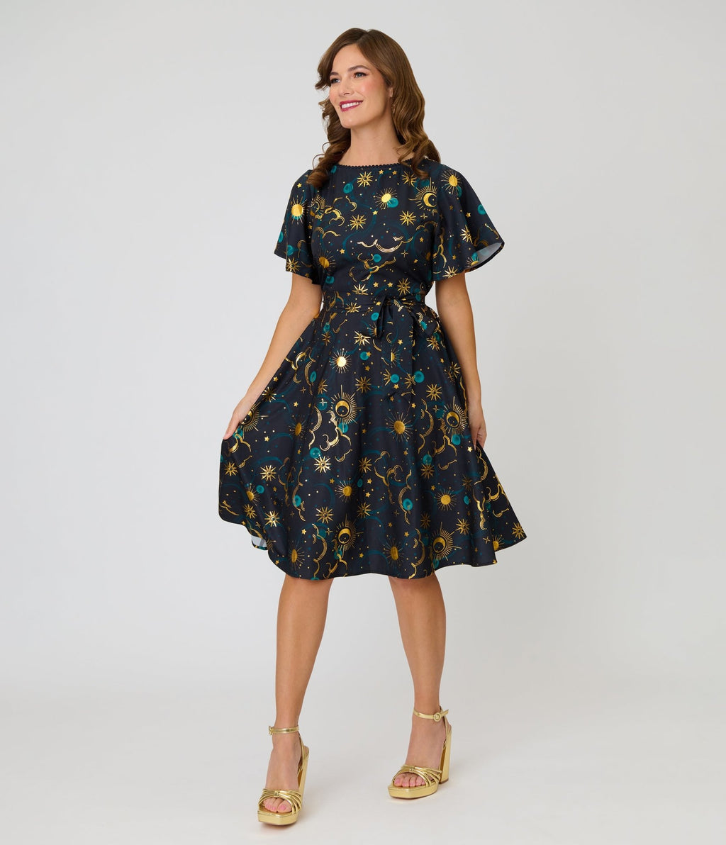 Unique Vintage Black Celestial Print Swing Dress