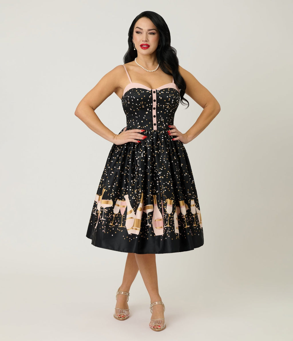 Unique Vintage Black Champagne Celebration Swing Dress - Unique Vintage - Womens, DRESSES, SWING