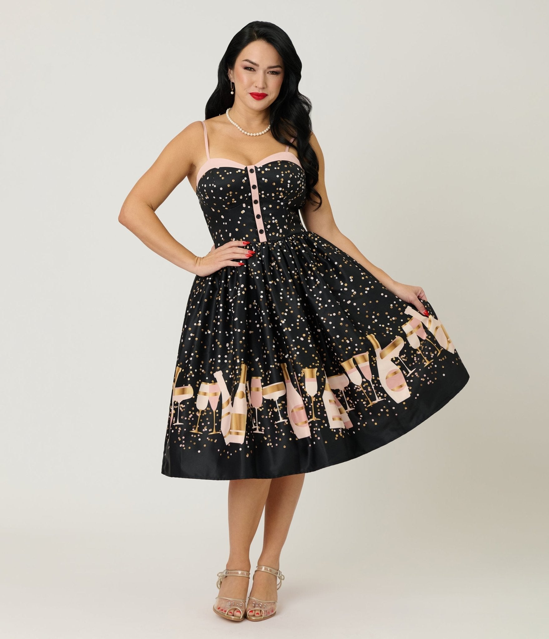 Unique Vintage Black Champagne Celebration Swing Dress - Unique Vintage - Womens, DRESSES, SWING