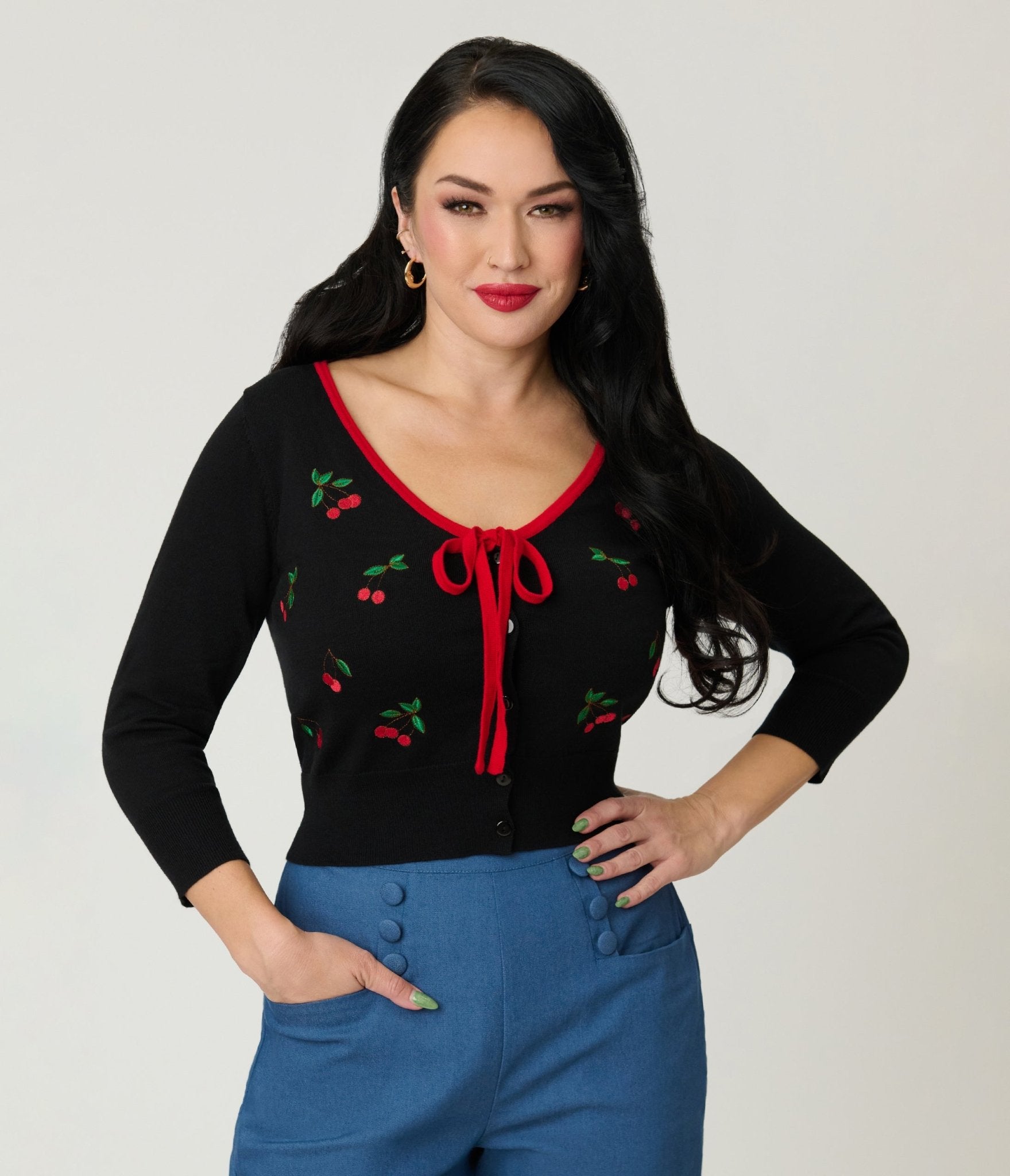 Unique Vintage Black & Cherries Cardigan - Unique Vintage - Womens, TOPS, SWEATERS