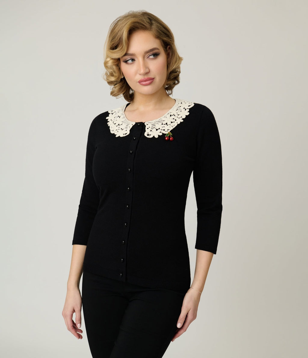 Unique Vintage Black & Cherry Pin Bookworm Cardigan - Unique Vintage - Womens, TOPS, SWEATERS
