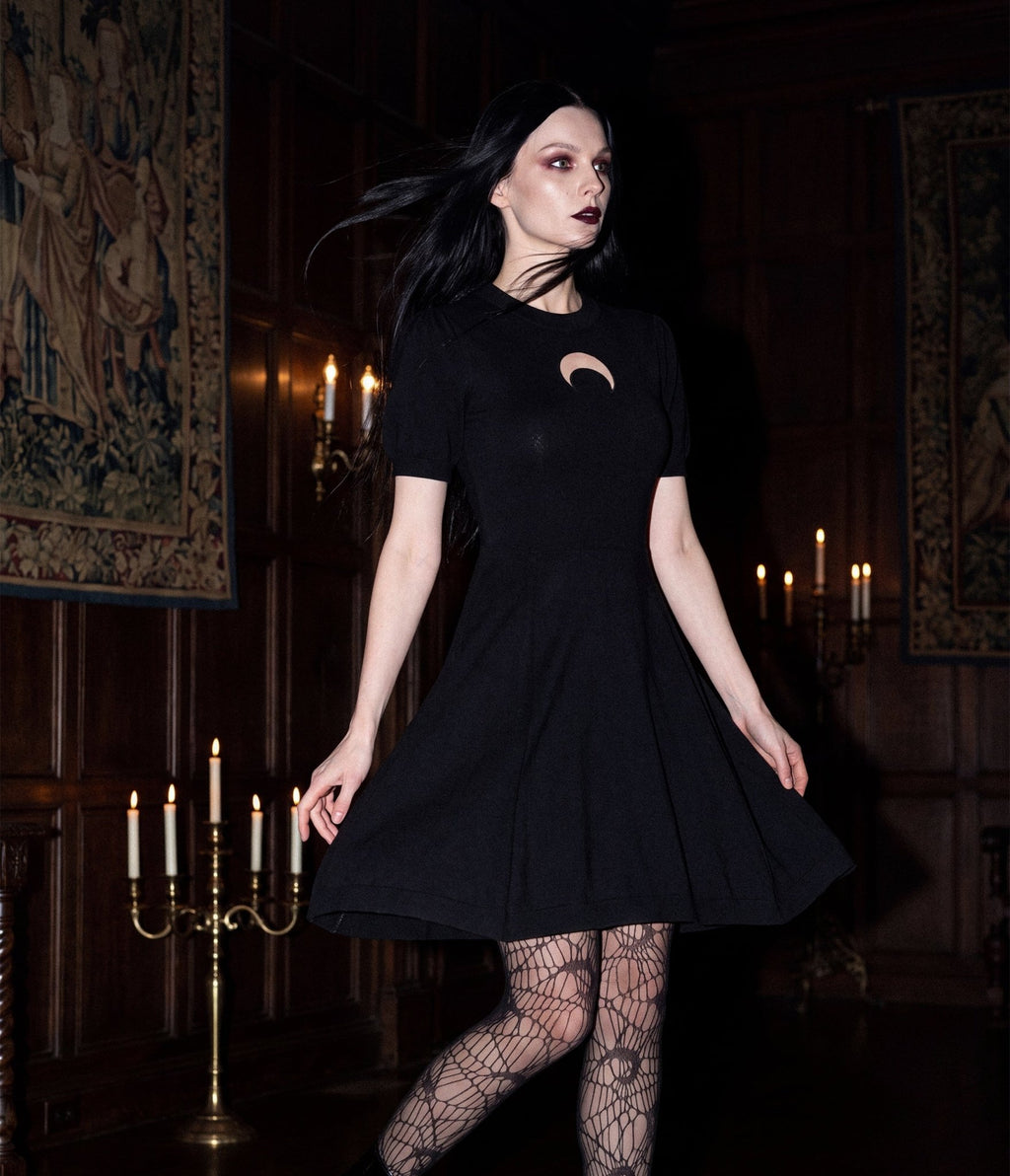 Unique Vintage Black Crescent Moon Cutout Flare Dress