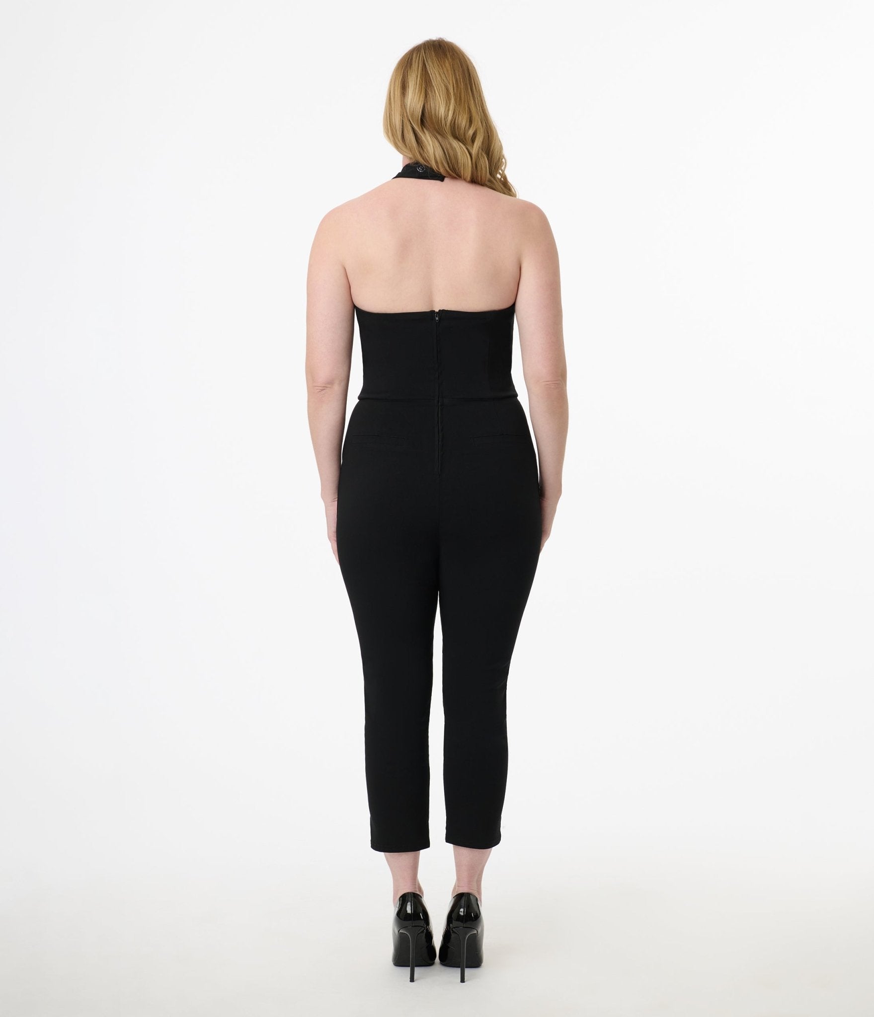 Unique Vintage Black Criss Cross Halter Jumpsuit - Unique Vintage - Womens, BOTTOMS, ROMPERS AND JUMPSUITS