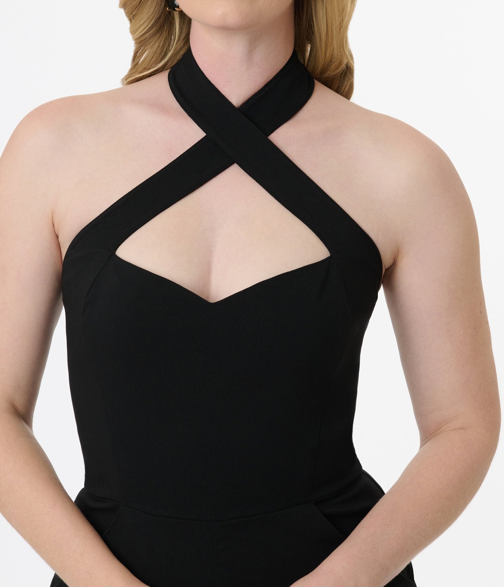 Unique Vintage Black Criss Cross Halter Jumpsuit - Unique Vintage - Womens, BOTTOMS, ROMPERS AND JUMPSUITS