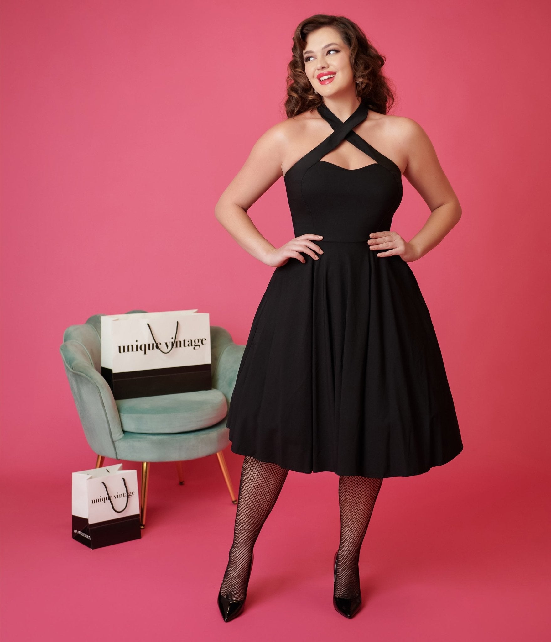Unique Vintage Black Criss Cross Halter Rita Flare Dress - Unique Vintage - Womens, DRESSES, SWING