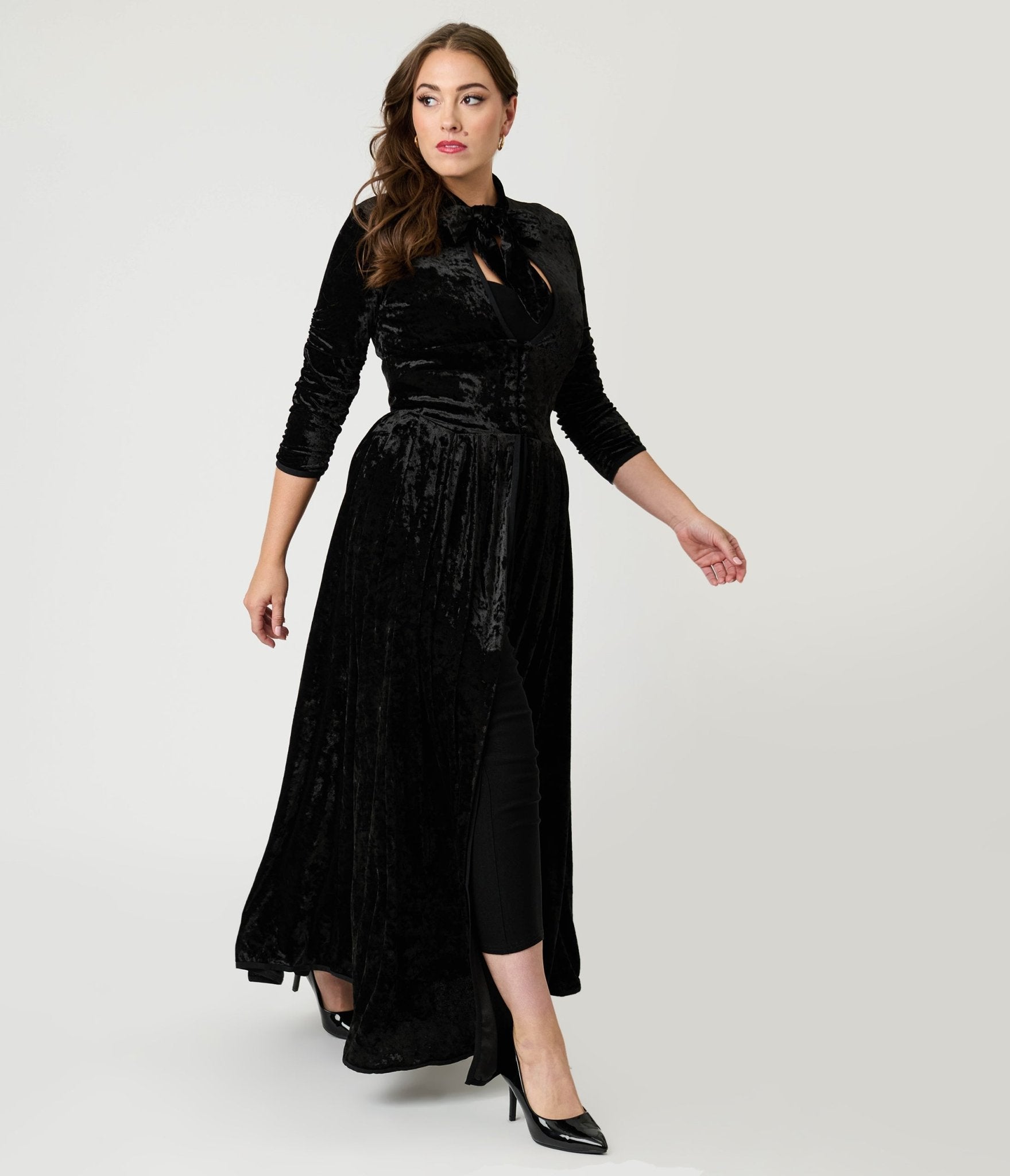 Unique Vintage Black Crushed Velvet Starlet Duster - Unique Vintage - Womens, DRESSES, MAXI