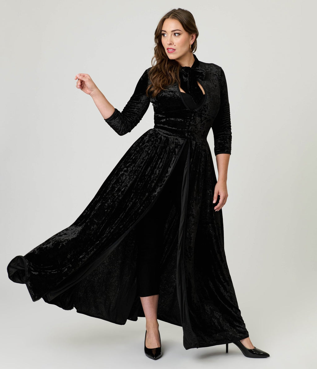 Unique Vintage Black Crushed Velvet Starlet Duster - Unique Vintage - Womens, DRESSES, MAXI