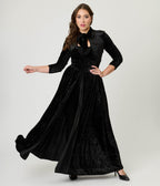 Unique Vintage Black Crushed Velvet Starlet Duster - Unique Vintage - Womens, DRESSES, MAXI