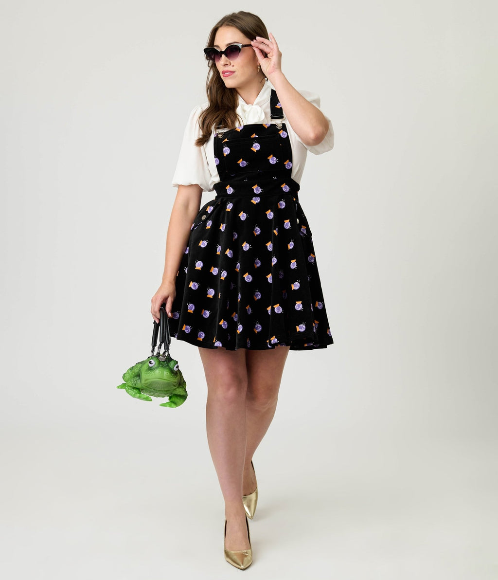 Unique Vintage Black & Crystal Ball Print Corduroy Brionne Pinafore Skirt - Unique Vintage - Womens, BOTTOMS, SKIRTS