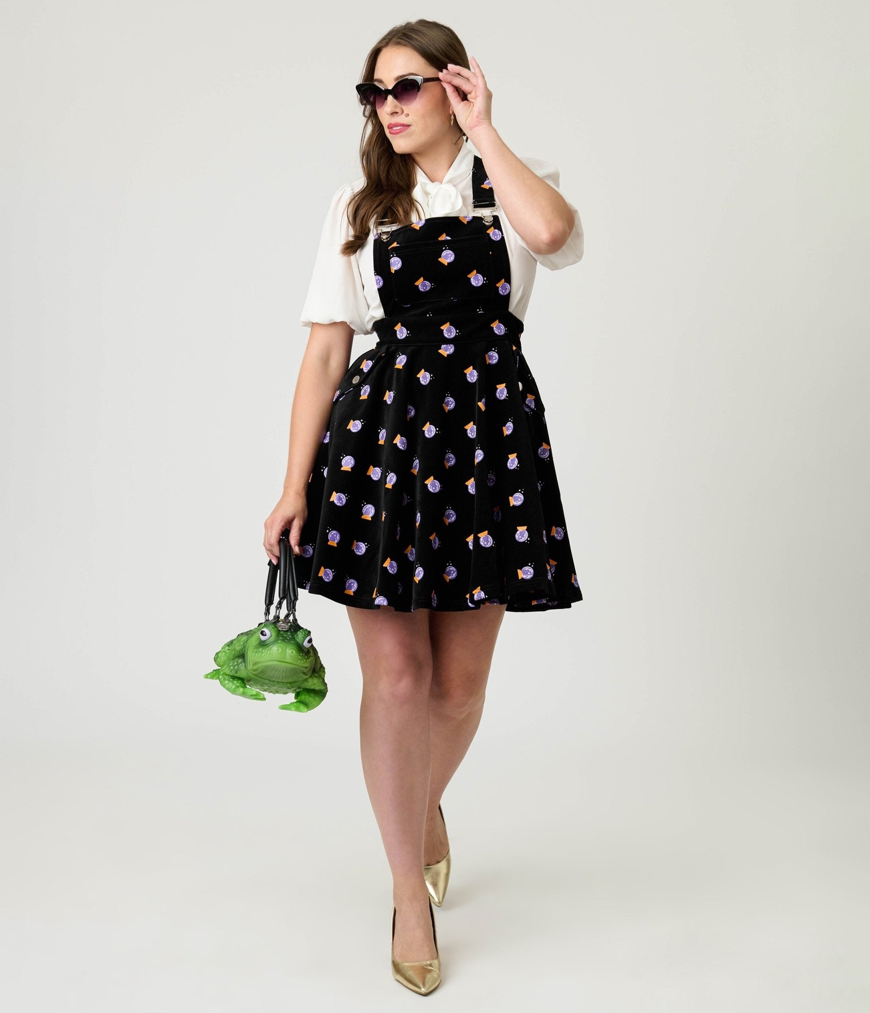 Unique Vintage Black & Crystal Ball Print Corduroy Brionne Pinafore Skirt - Unique Vintage - Womens, BOTTOMS, SKIRTS