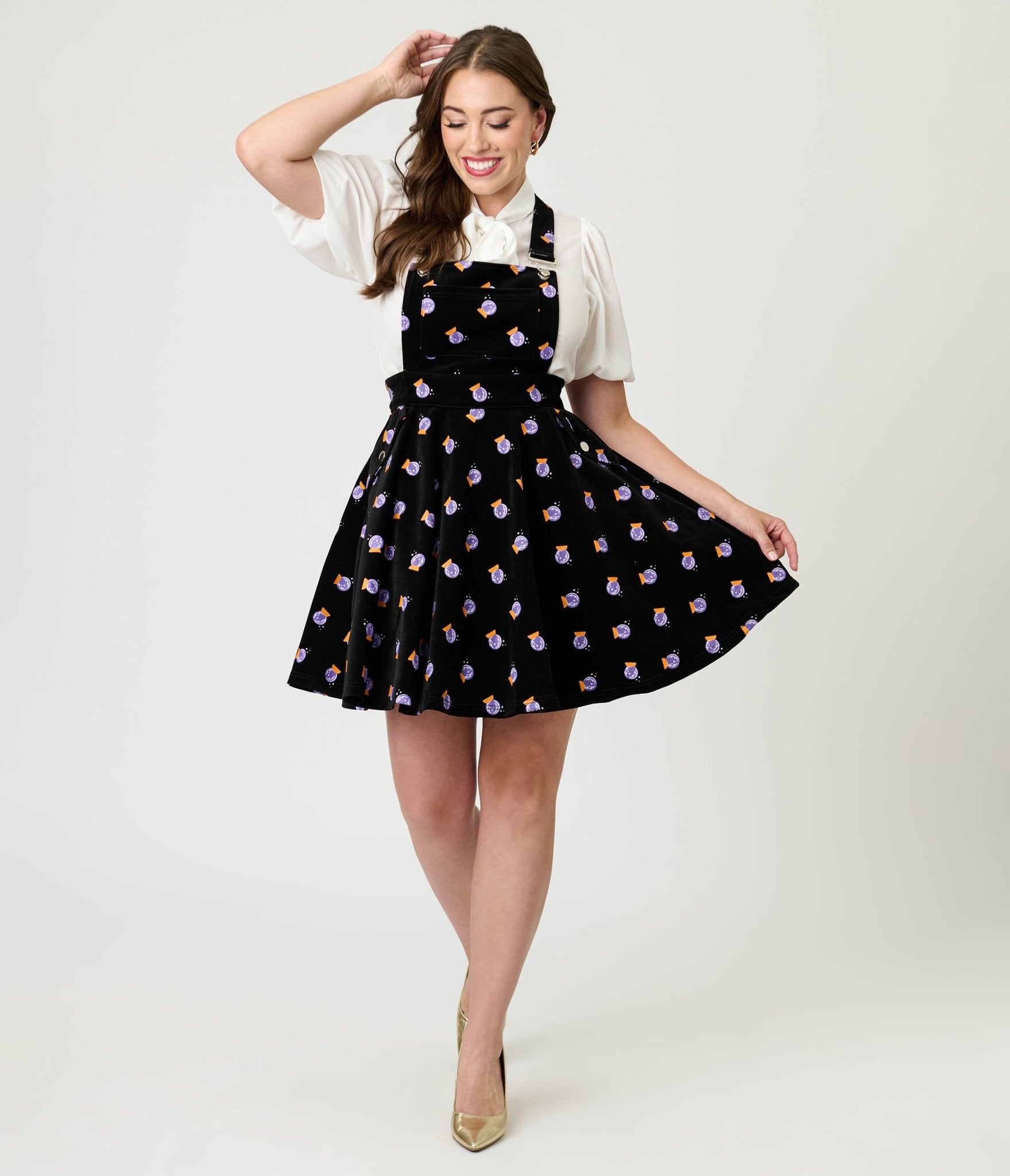 Unique Vintage Black & Crystal Ball Print Corduroy Brionne Pinafore Skirt - Unique Vintage - Womens, BOTTOMS, SKIRTS