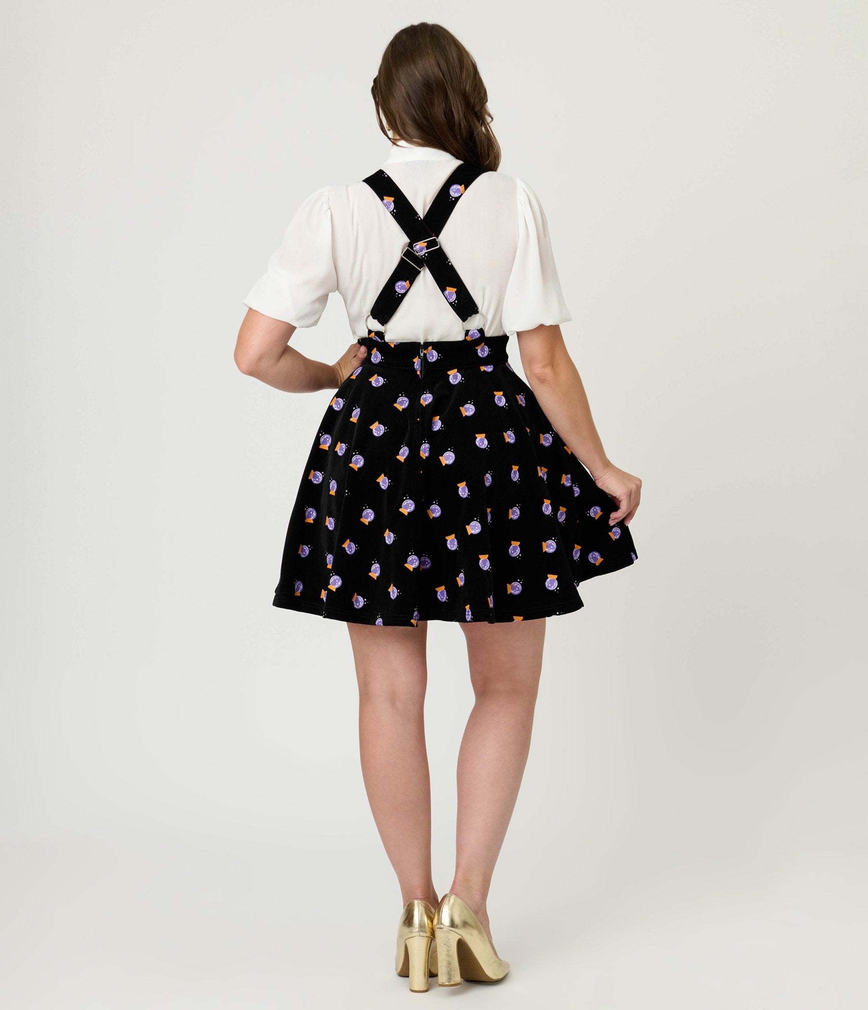 Unique Vintage Black & Crystal Ball Print Corduroy Brionne Pinafore Skirt - Unique Vintage - Womens, BOTTOMS, SKIRTS