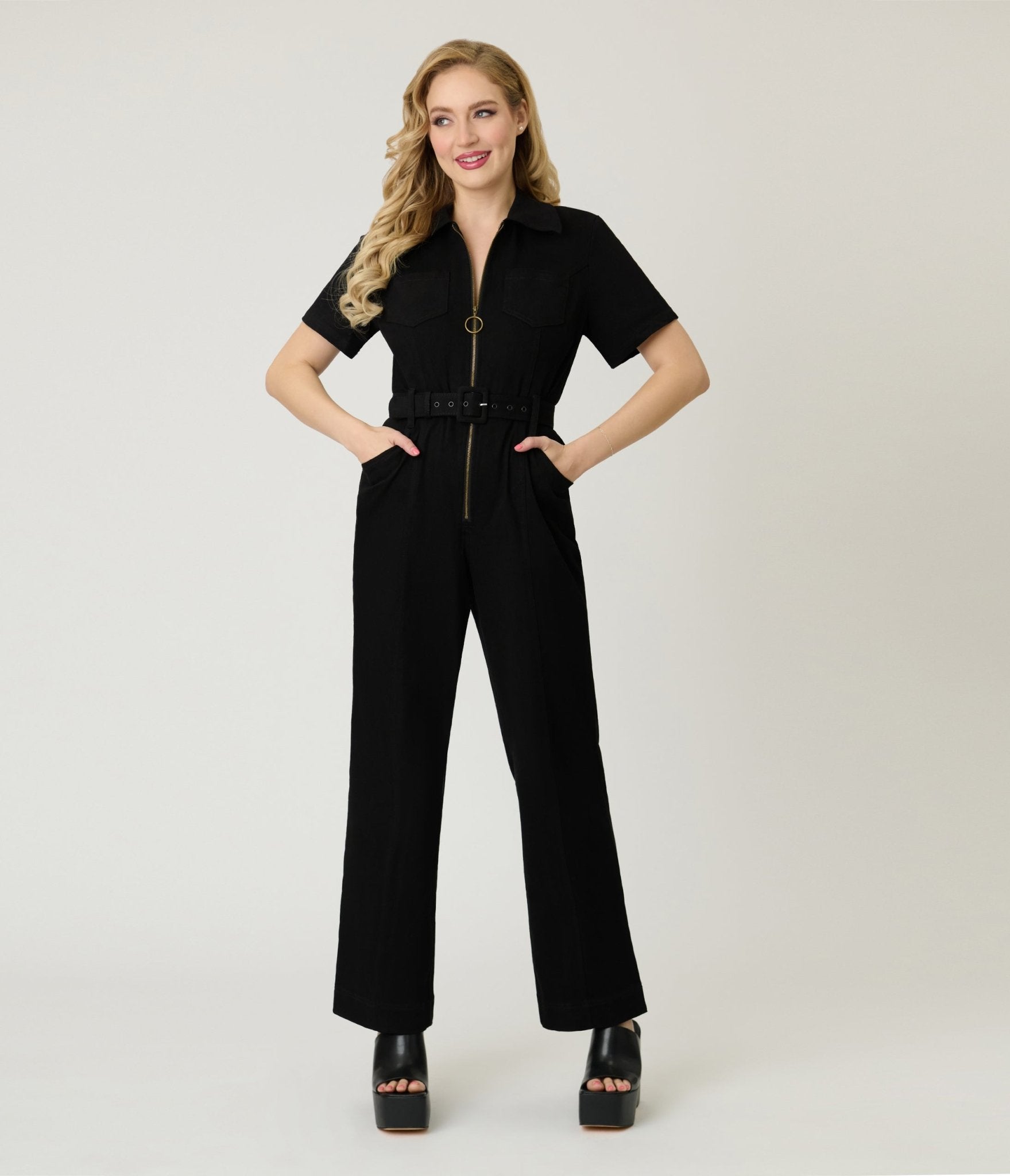 Unique Vintage Black Denim Belted Jumpsuit