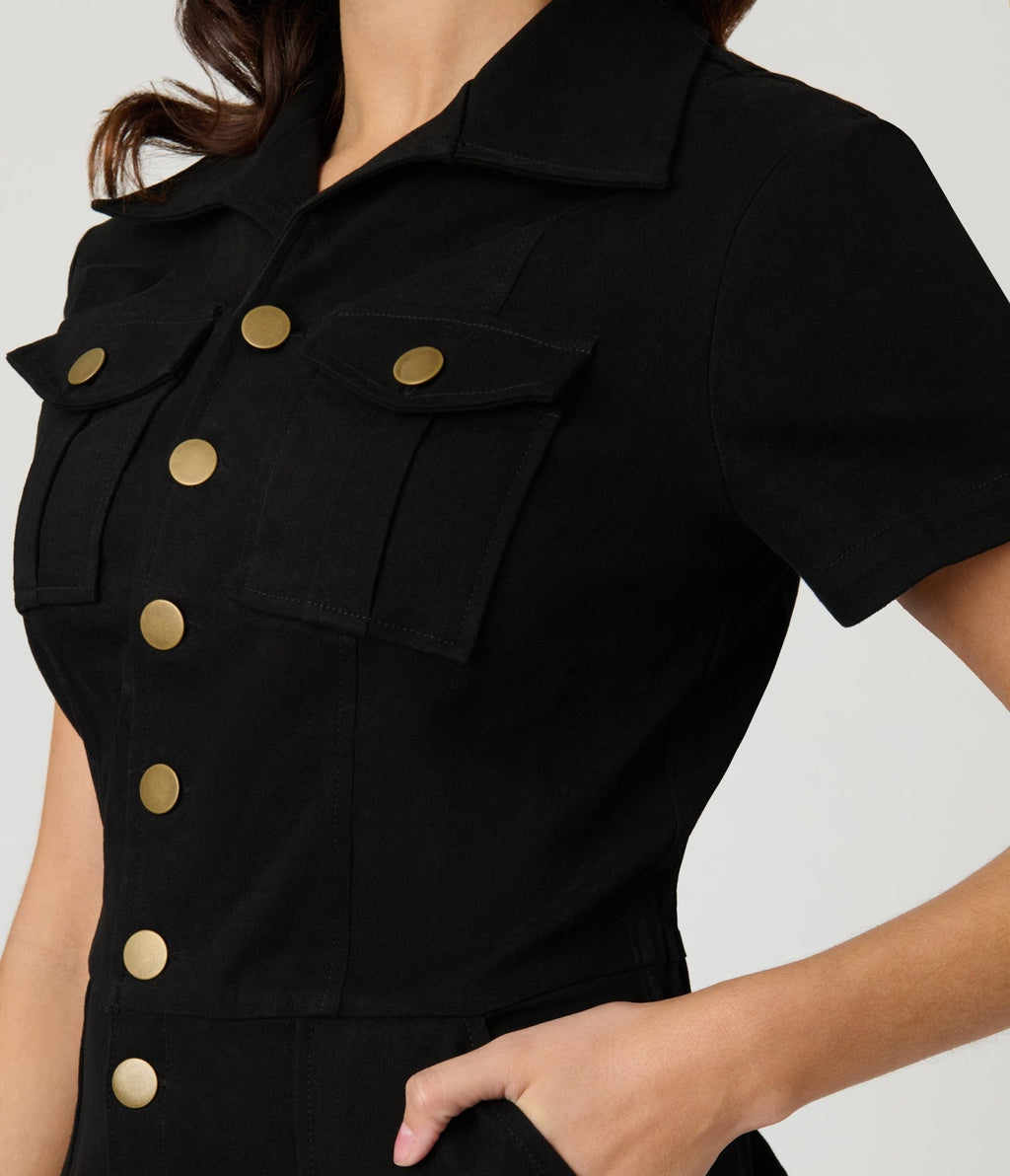 Unique Vintage Black Denim Garage Style Romper - Unique Vintage - Womens, BOTTOMS, ROMPERS AND JUMPSUITS