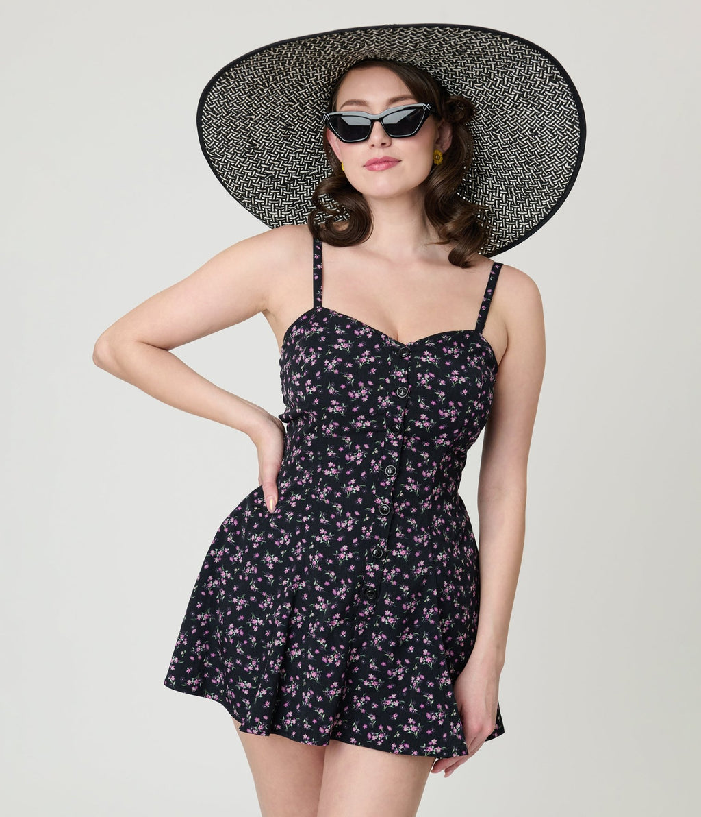 Unique Vintage Black Ditzy Floral Sweetheart Skirted Romper - Unique Vintage - Womens, BOTTOMS, ROMPERS AND JUMPSUITS