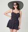 Unique Vintage Black Ditzy Floral Sweetheart Skirted Romper