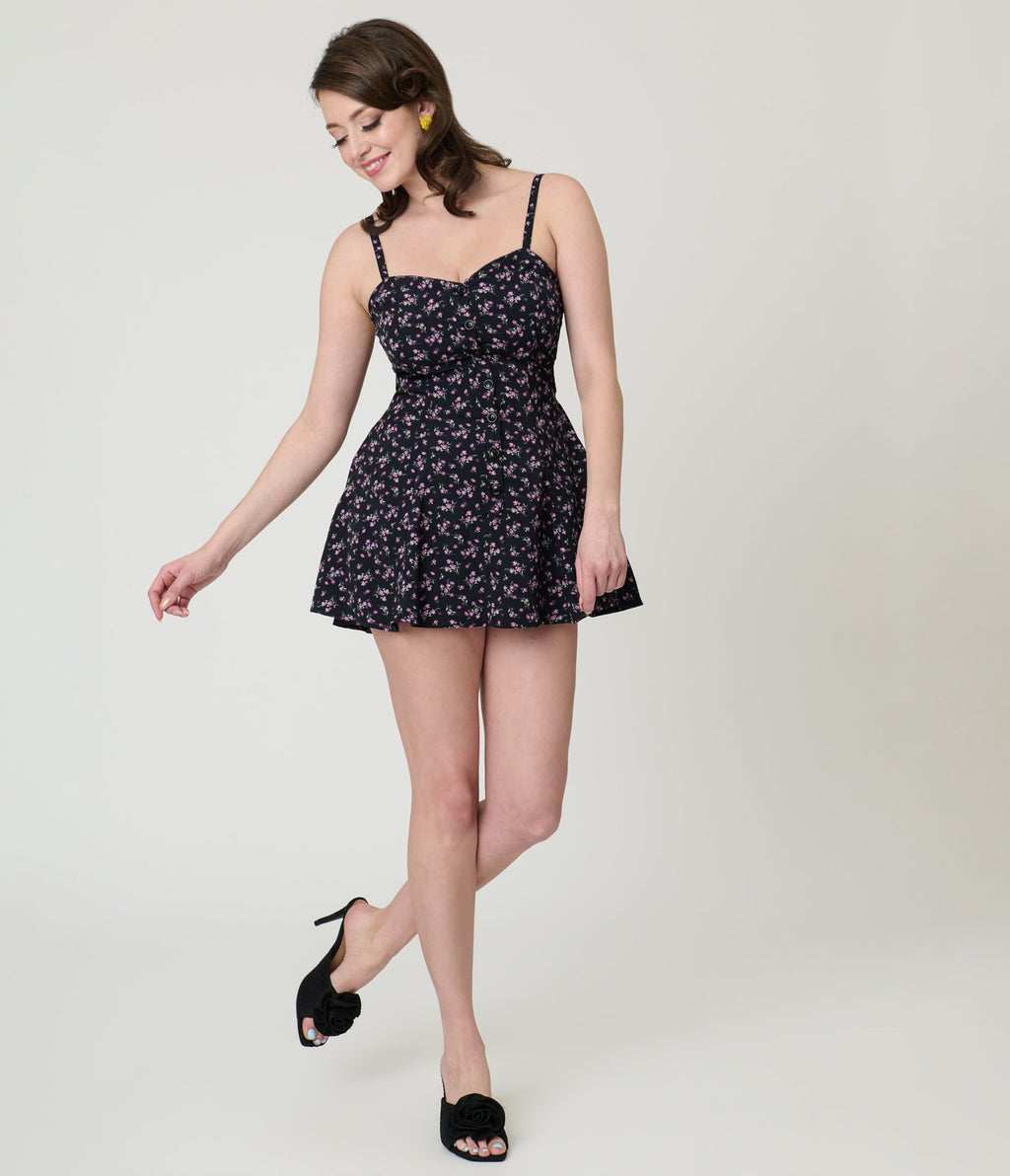 Unique Vintage Black Ditzy Floral Sweetheart Skirted Romper - Unique Vintage - Womens, BOTTOMS, ROMPERS AND JUMPSUITS